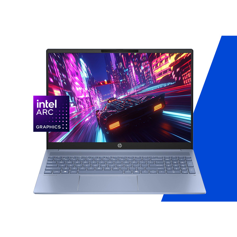 Niebieski laptop z logo Intel Arc, pokazujący samochód jadący przez neonowe miasto.