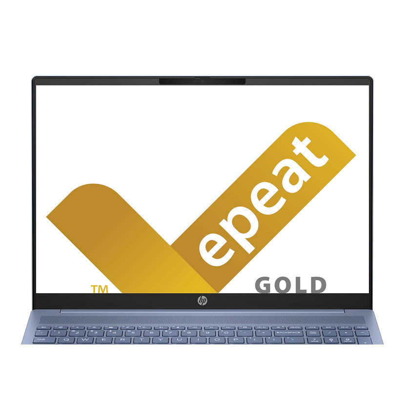 Niebieski laptop HP z logo EPEAT Gold na ekranie.