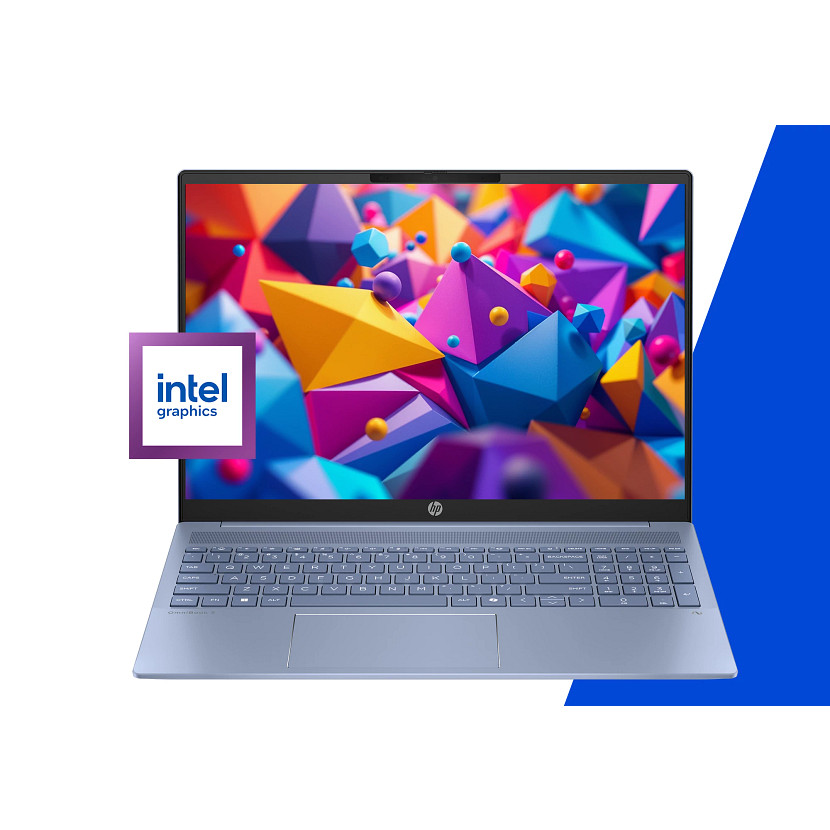 Jasnoniebieski laptop HP wyświetla żywe abstrakcyjne tło z logo Intel graphics.