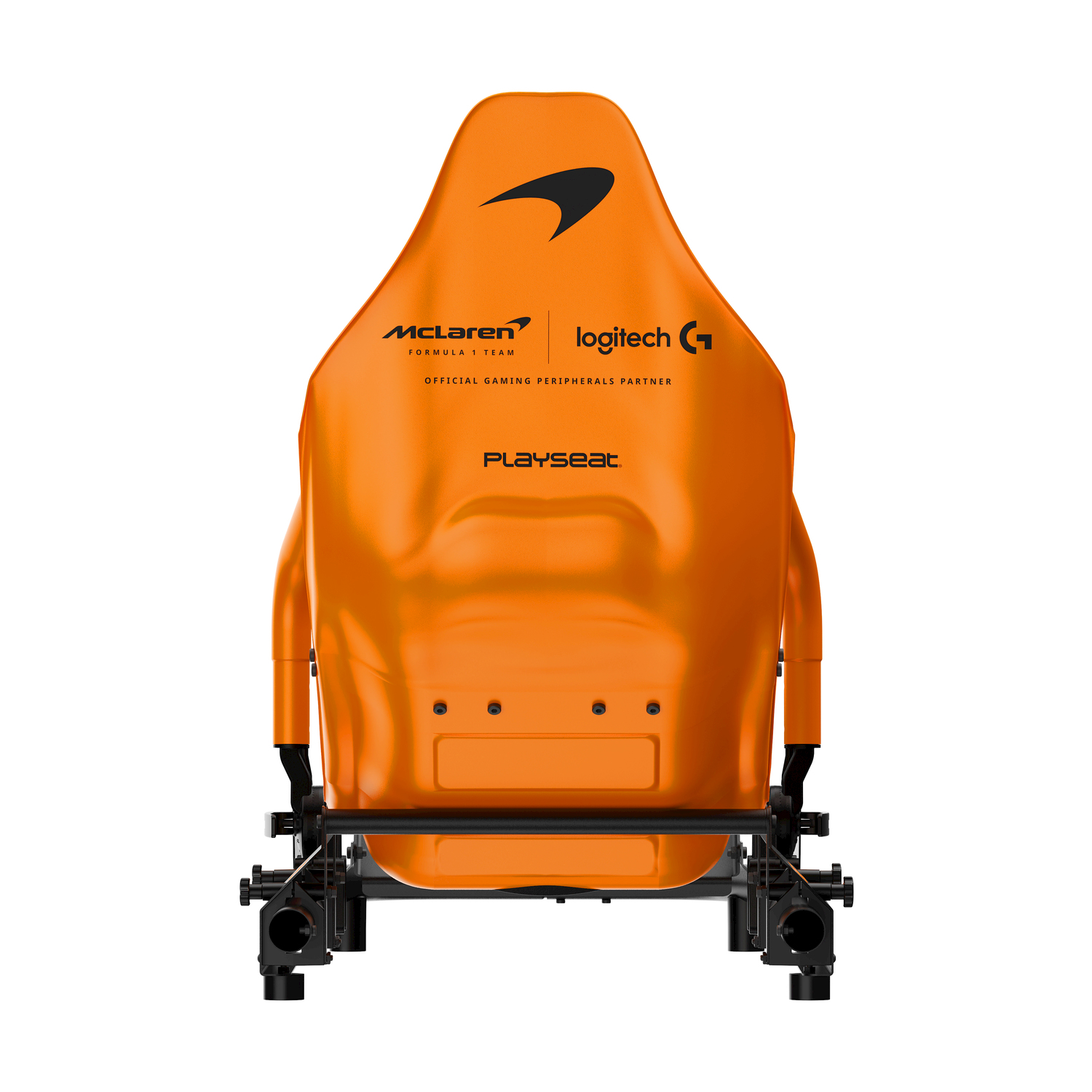 Sedia da gaming da corsa arancione con loghi McLaren e Logitech.