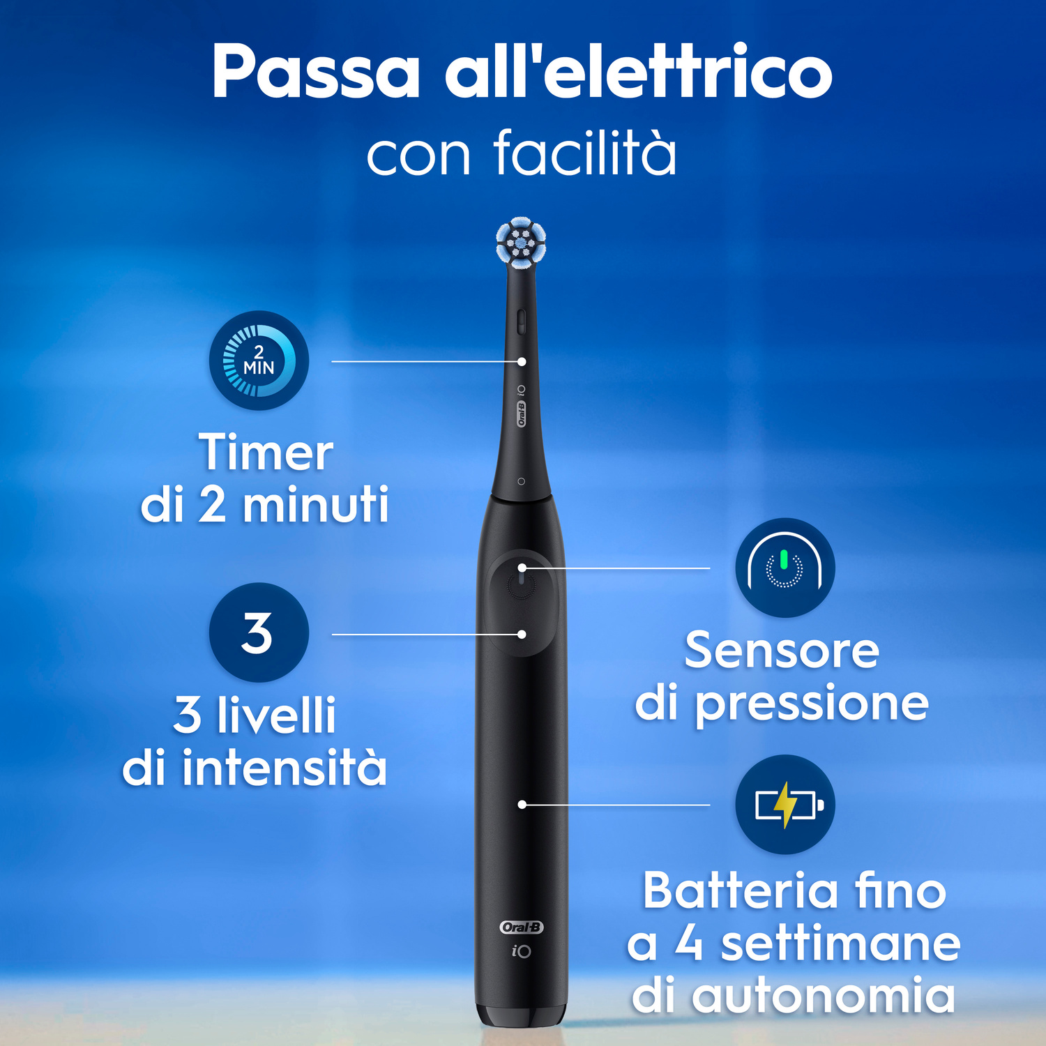 Spazzolino elettrico nero con timer 2 min, 3 livelli intensità, sensore pressione e batteria 4 settimane.