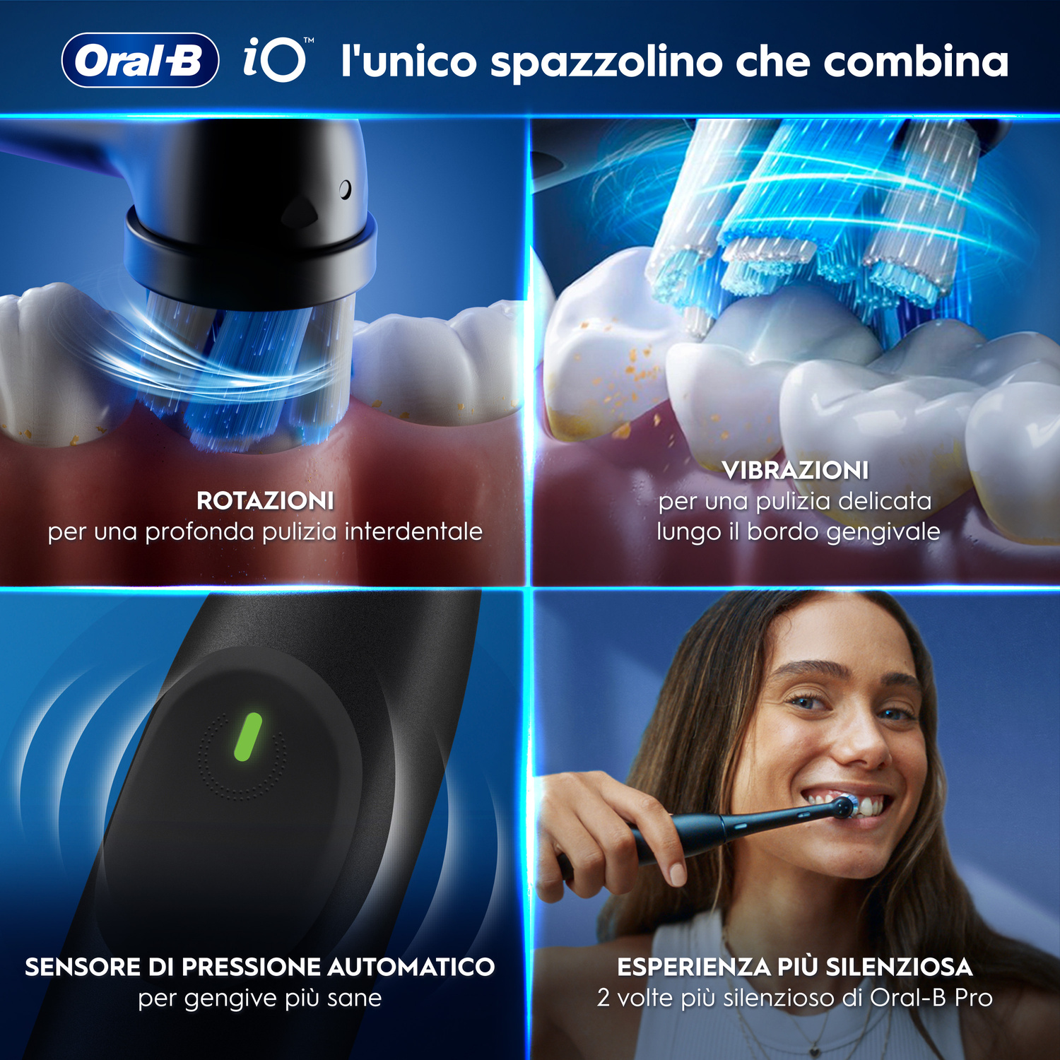 Spazzolino elettrico con rotazioni, vibrazioni, sensore di pressione e funzionamento silenzioso.