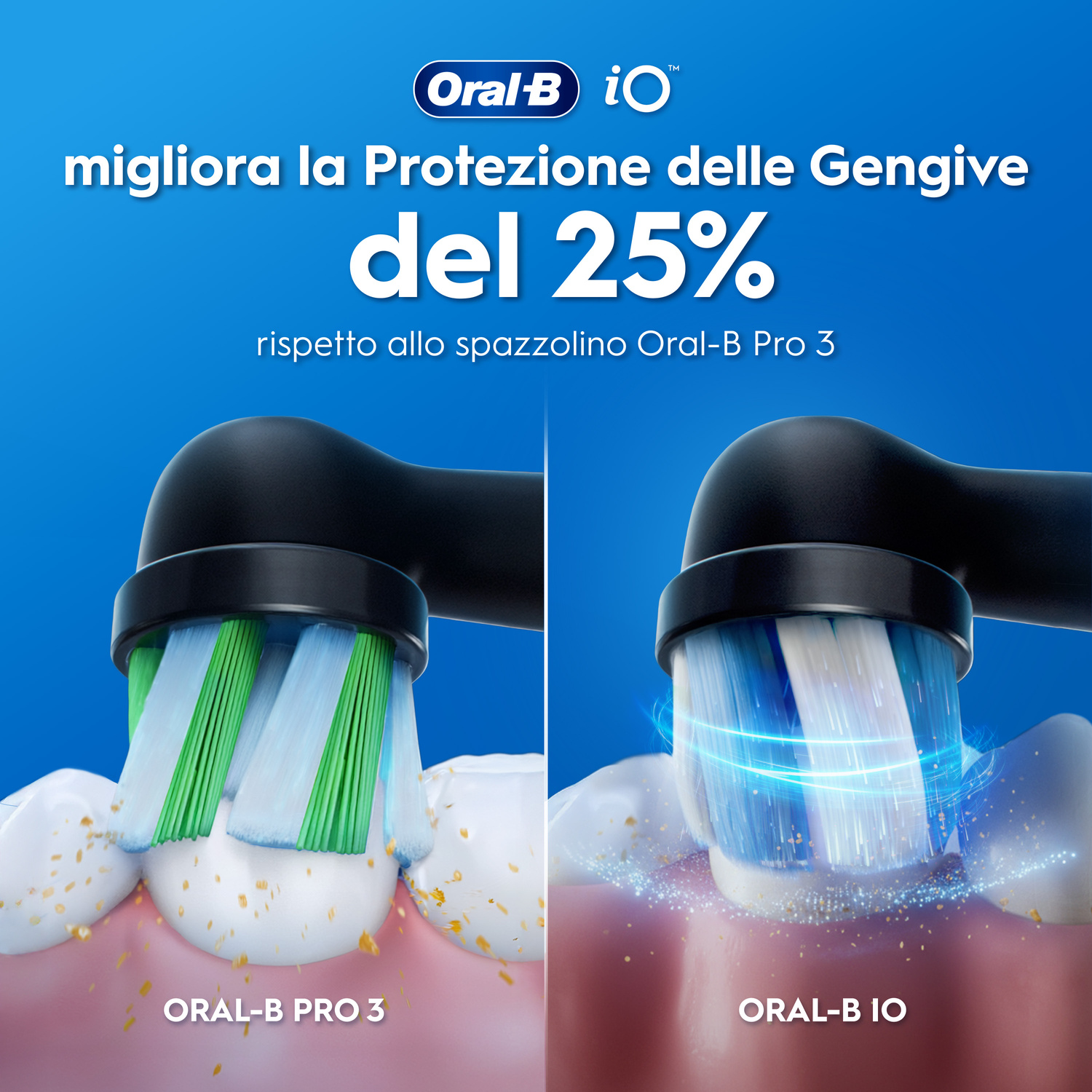 Due testine Oral-B puliscono i denti. A sinistra: Pro 3 con setole verdi, a destra: iO con setole blu.