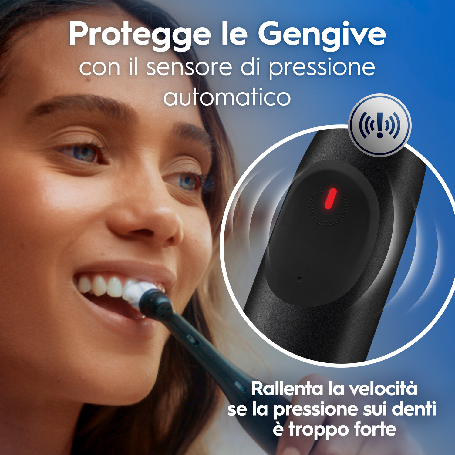 Donna lava denti con spazzolino elettrico; icona sensore pressione.
