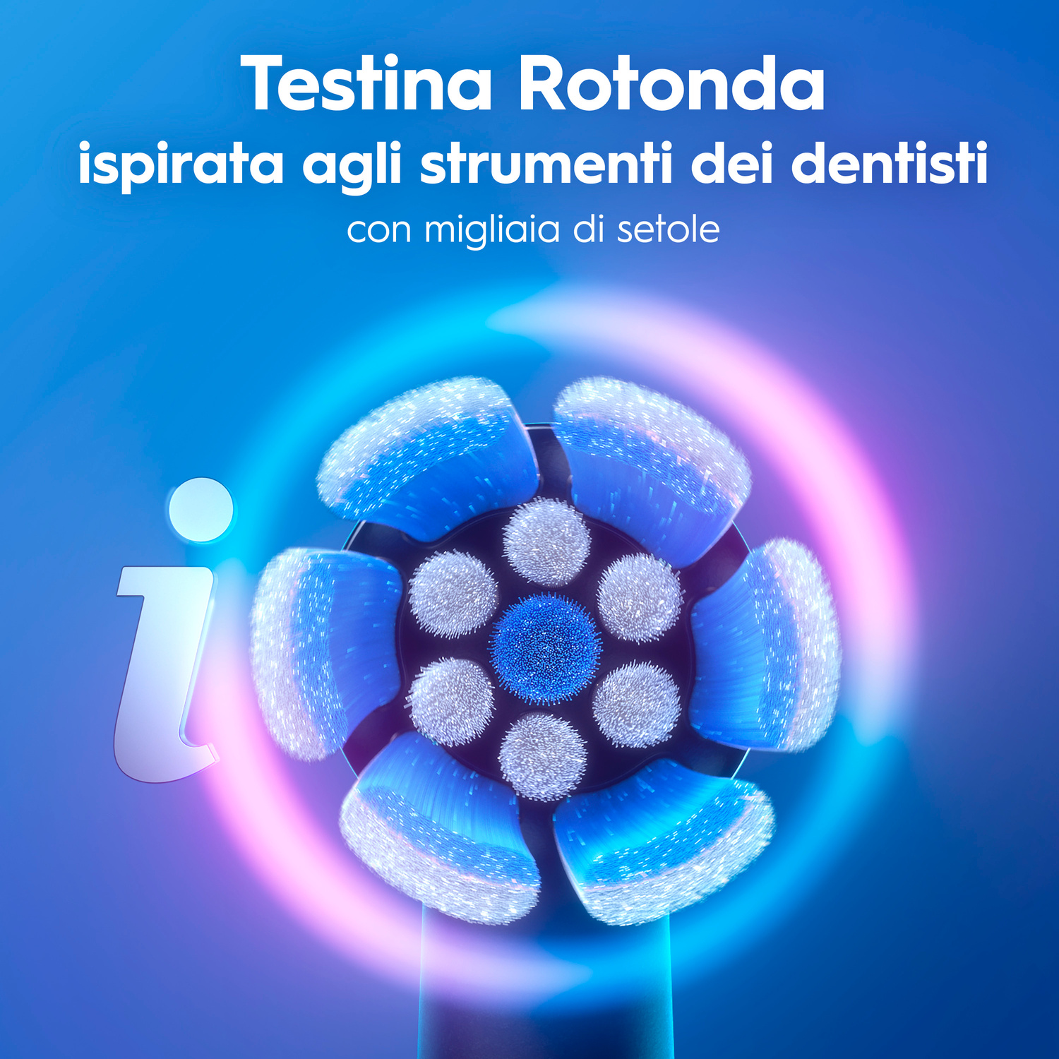 Testina rotonda con setole blu e bianche, ispirata agli strumenti dei dentisti.