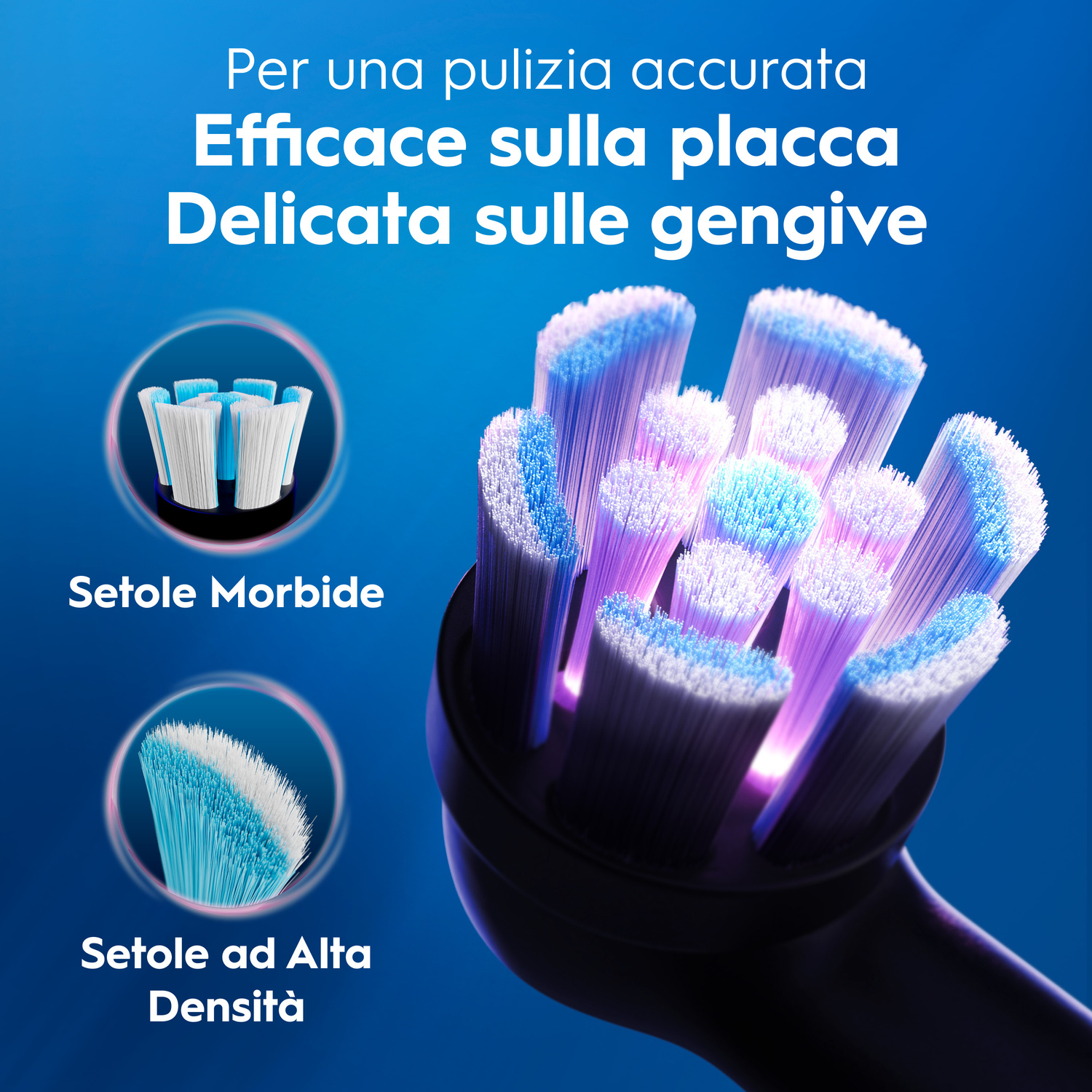 Spazzolino elettrico con setole morbide e dense per una pulizia precisa.