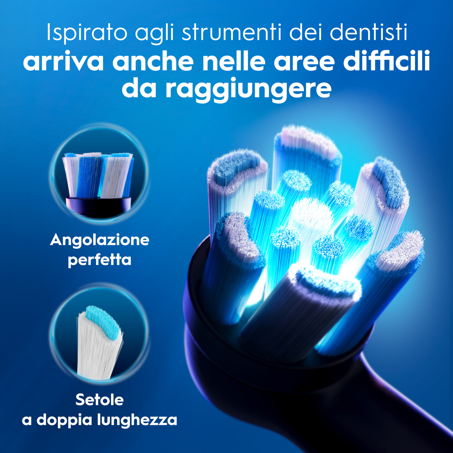 Testina elettrica con setole blu, ispirata ai dentisti.