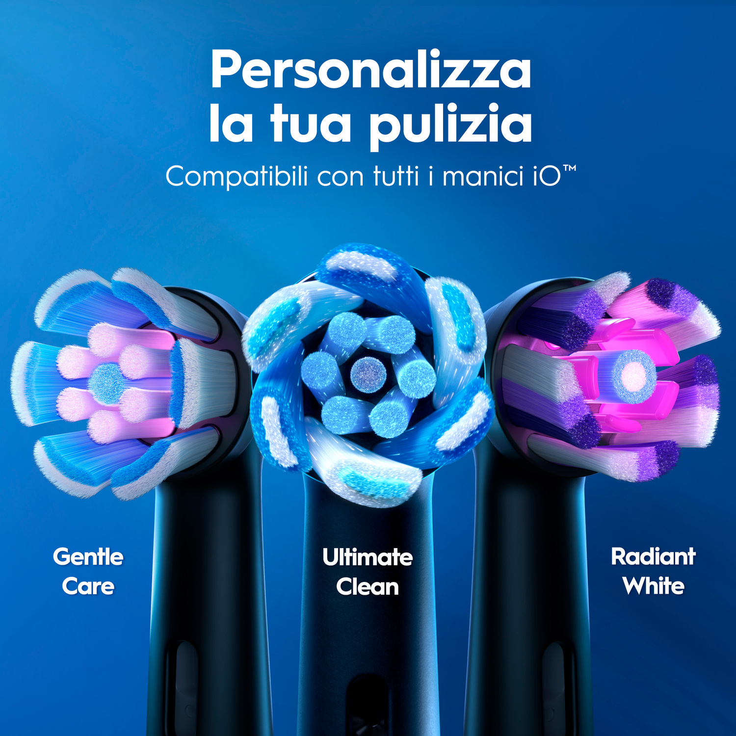 Tre testine per spazzolino elettrico: Gentle Care, Ultimate Clean, Radiant White.