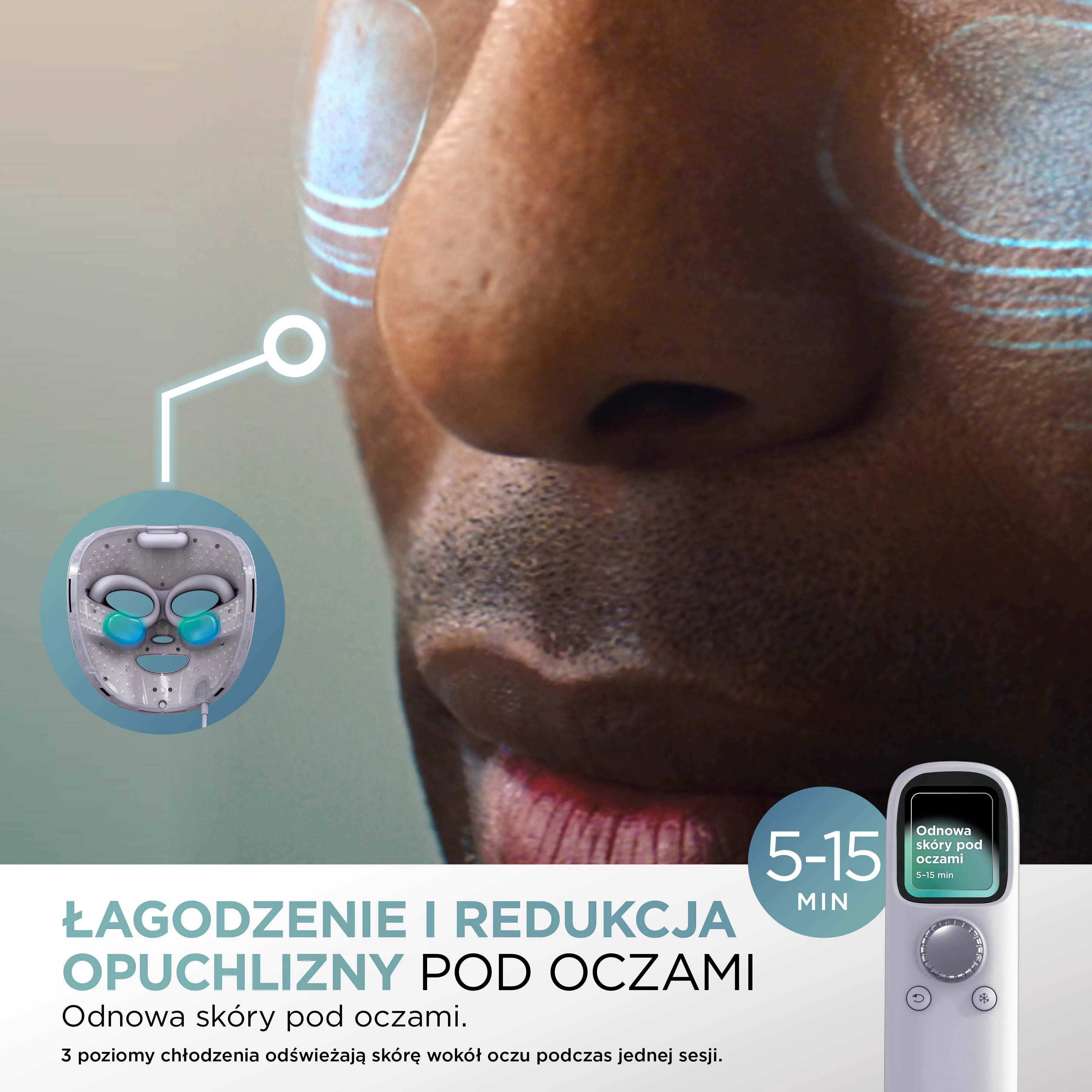 Mężczyzna z urządzeniem do pielęgnacji okolic oczu.