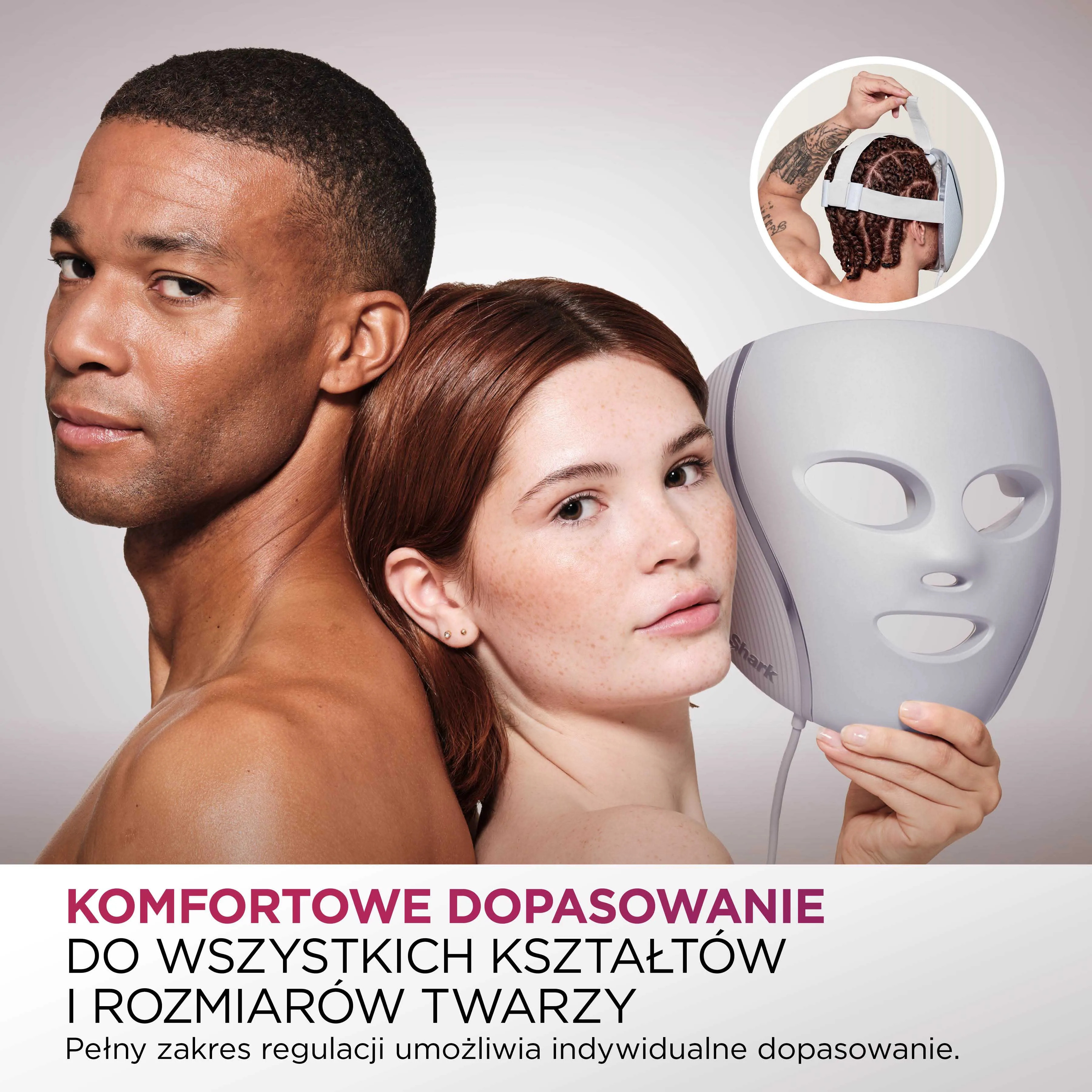 Mężczyzna i kobieta z maską na twarz LED. Zbliżenie na twarze i maskę.