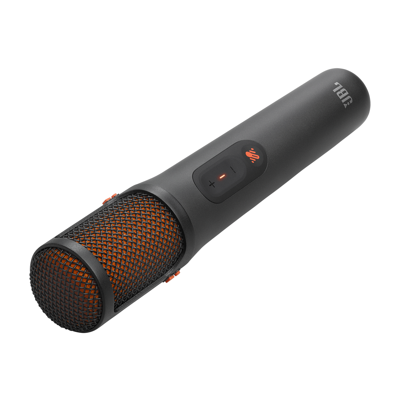 Siyah JBL mikrofon, turuncu ızgara ve kontrollerle siyah arka plan üzerinde.