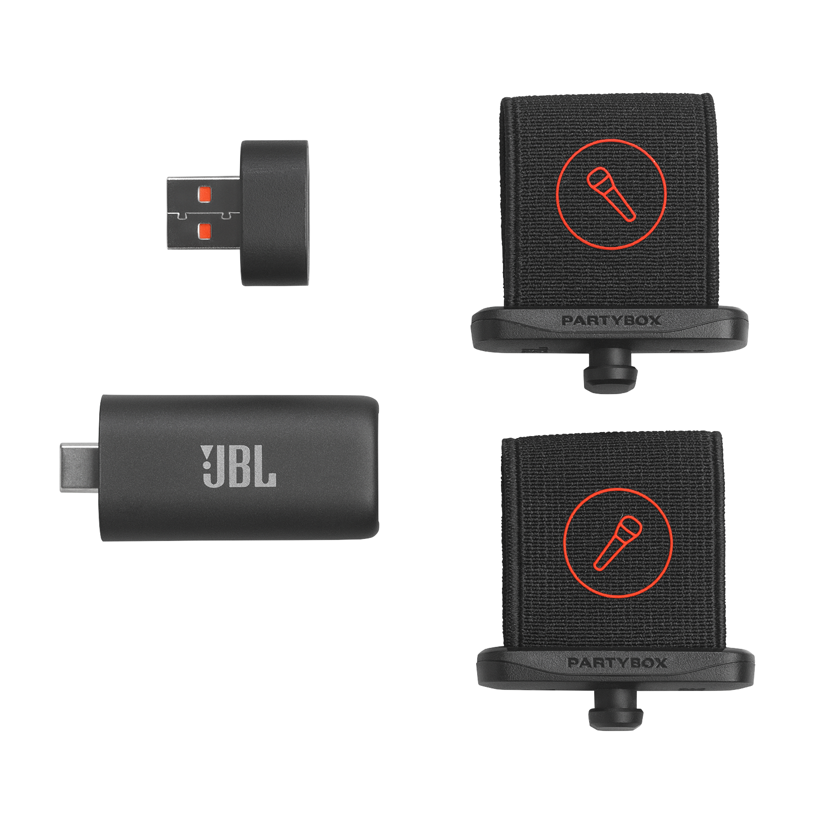 JBL logolu bir adet ve üzerinde mikrofon simgesi olan iki siyah USB dongle.