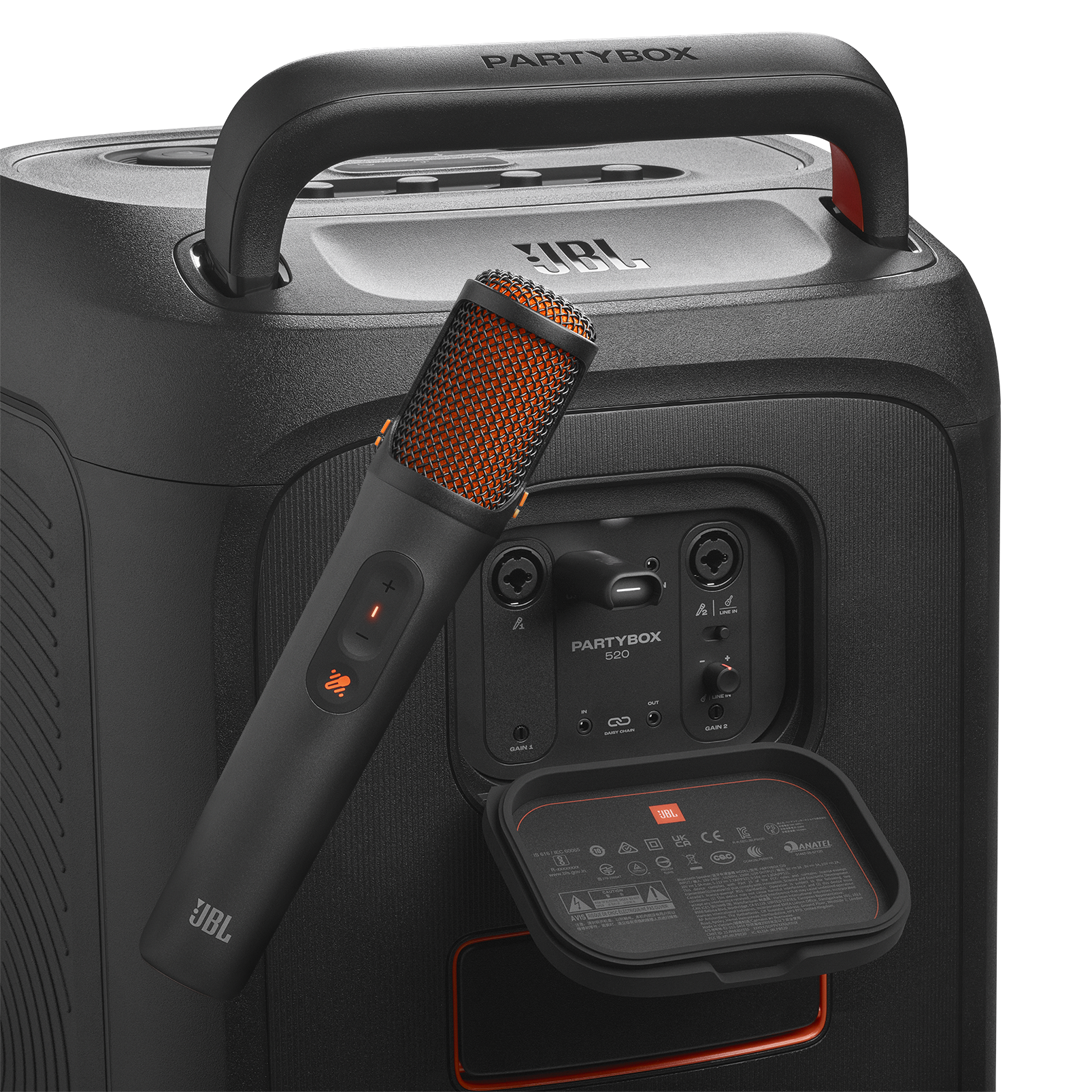 Turuncu mikrofonlu siyah bir JBL Partybox 520 hoparlör.