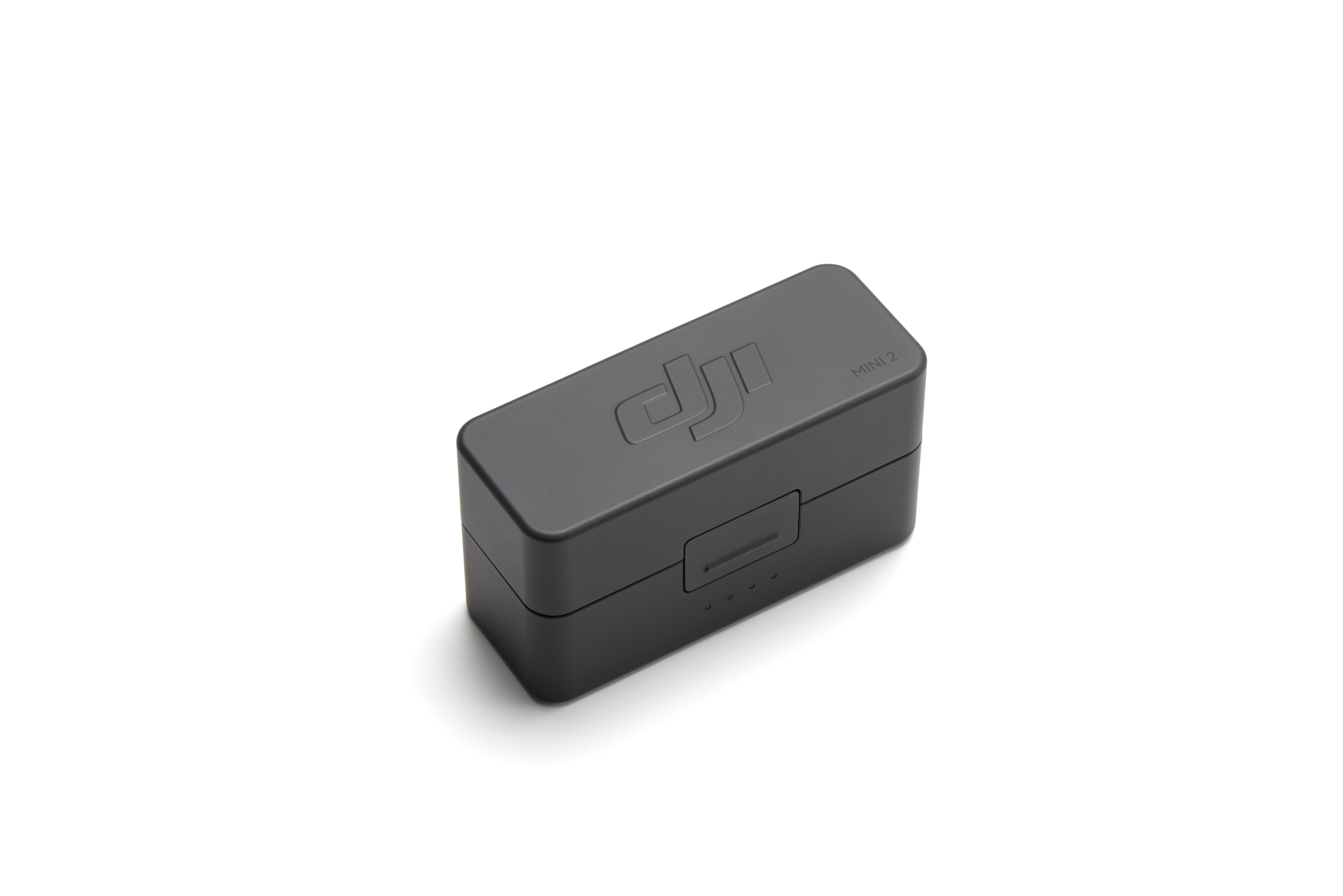 Dunkelgraues DJI Mini 2 Etui mit Logo und Verriegelung.