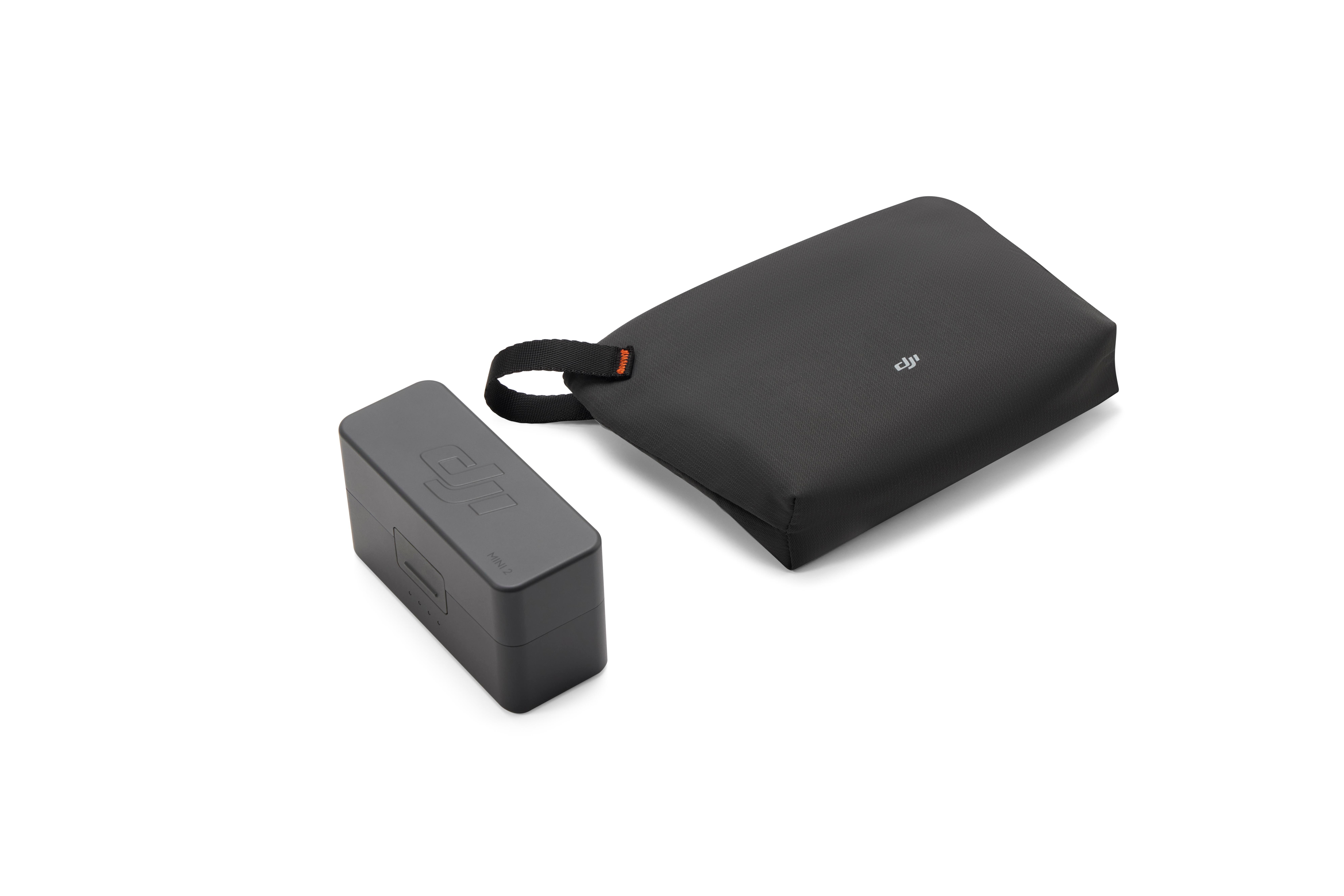 Eine graue Tasche und ein grauer Kasten mit DJI und Mini 2 Logo.