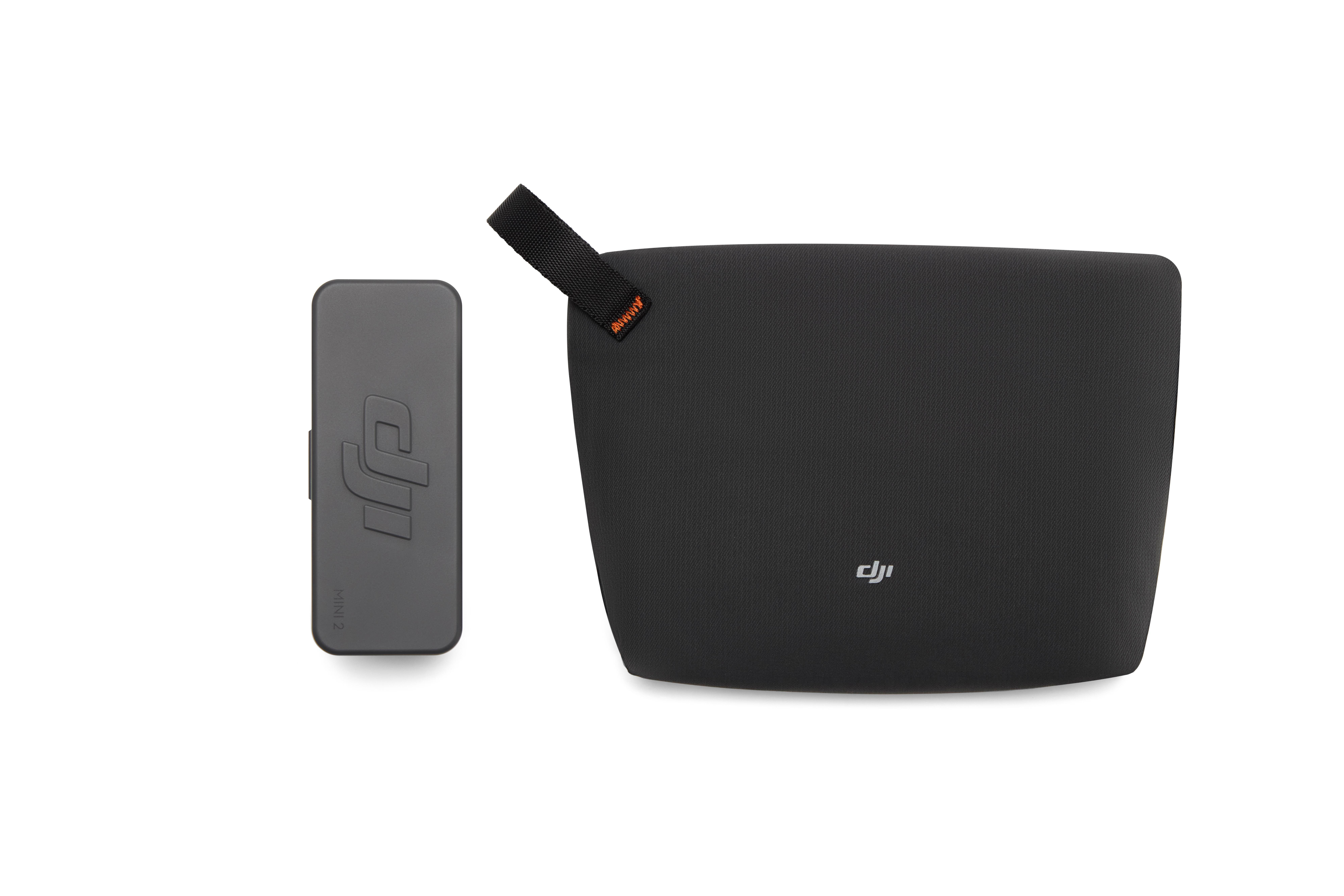 Graue DJI Mini 2 Hülle und schwarze Tasche mit Griff.