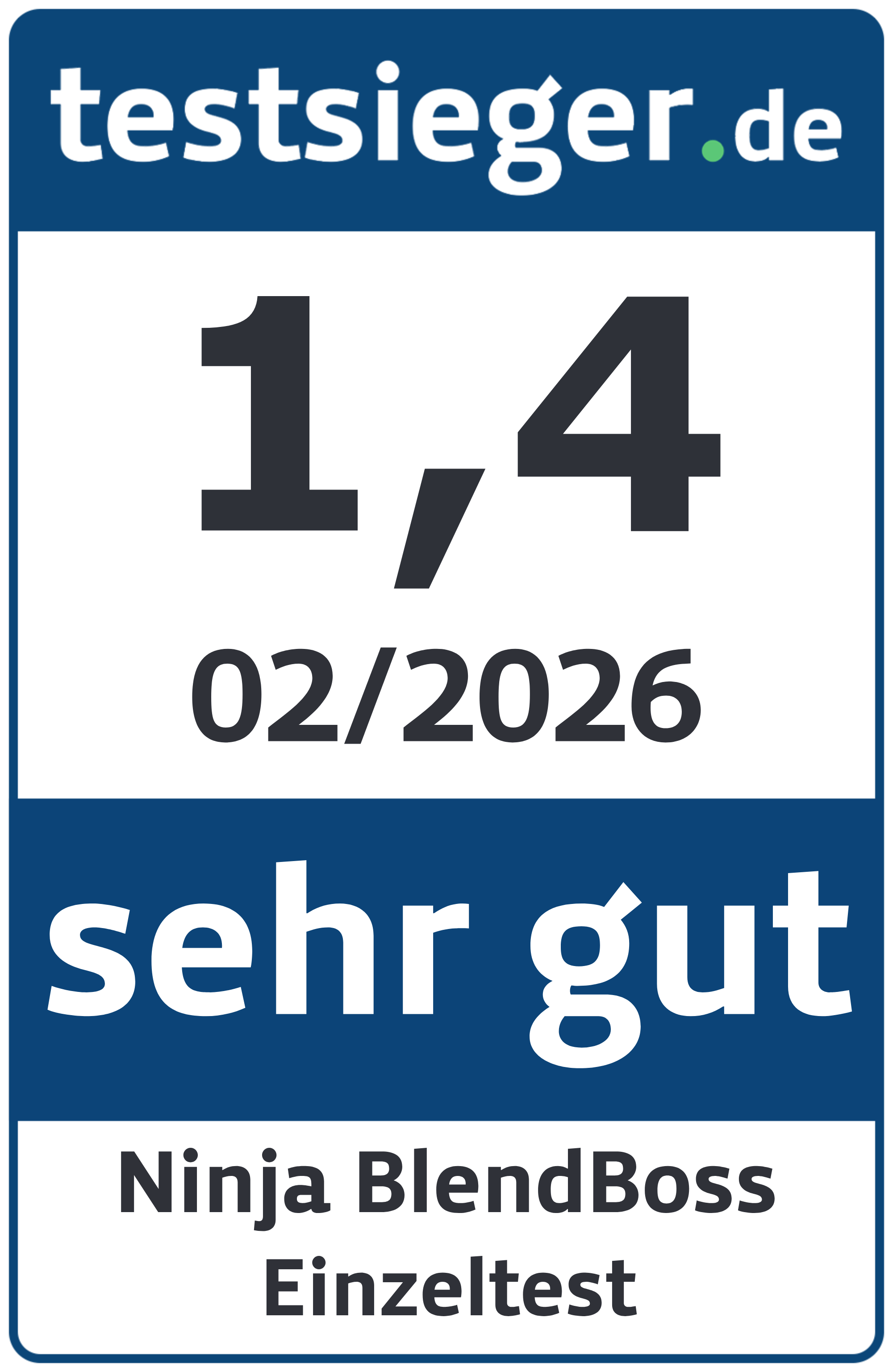 Testsieger.de Auszeichnung: Note 1,4, sehr gut. Ninja BlendBoss Einzeltest.