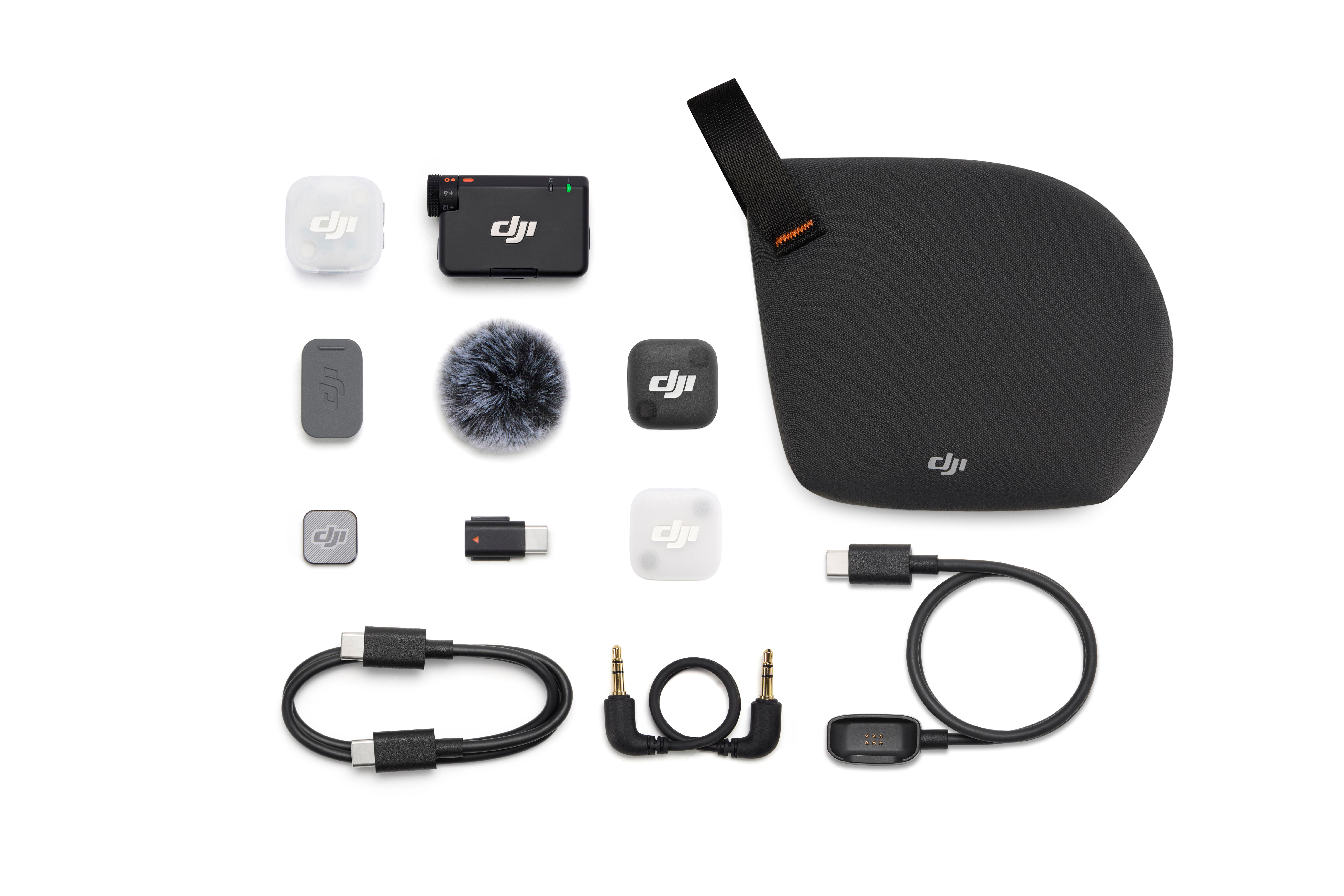 DJI Mikrofon-Set mit Ladecase, Kabeln und Windschutz.
