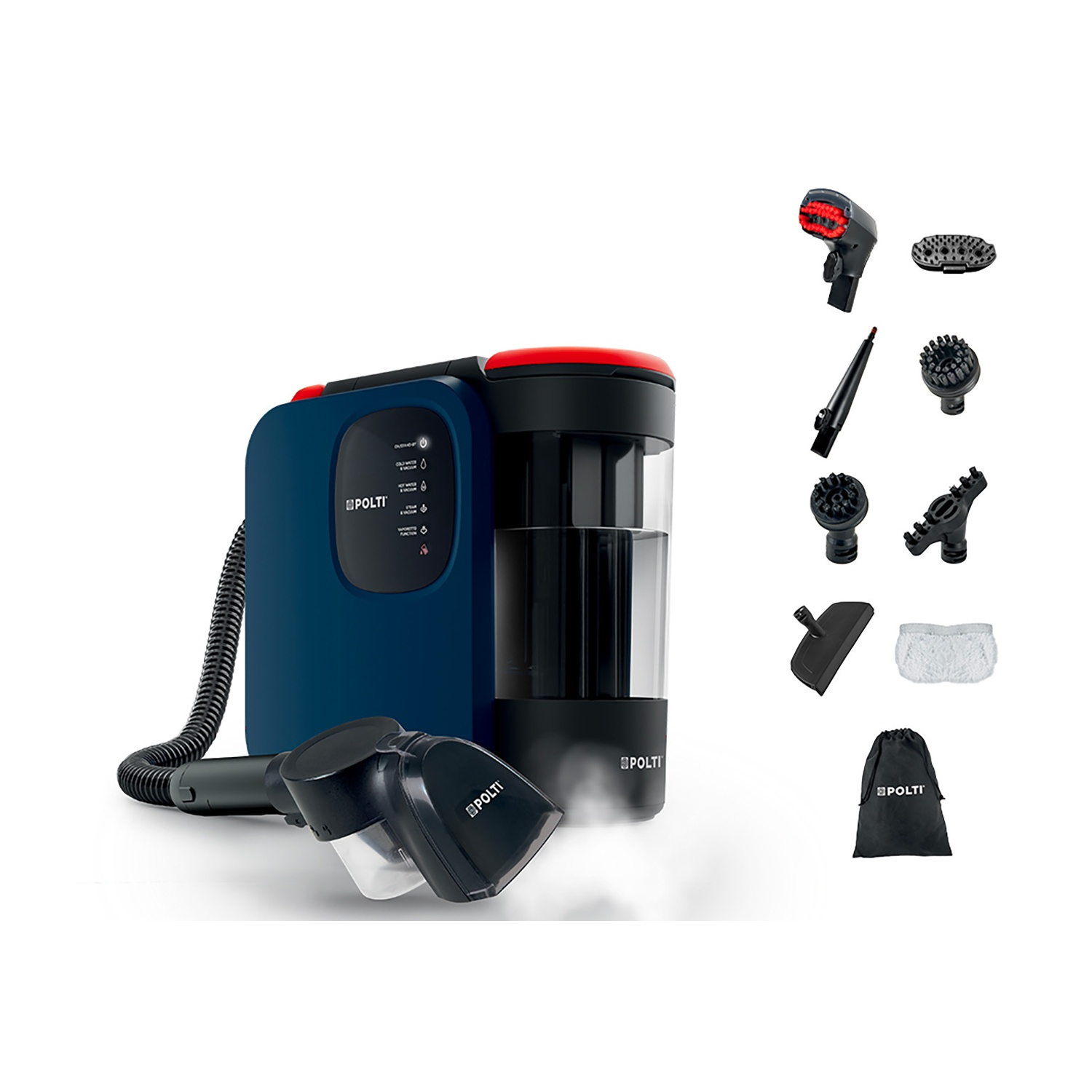Un pulitore a vapore blu e nero con accessori come spazzole e ugelli.