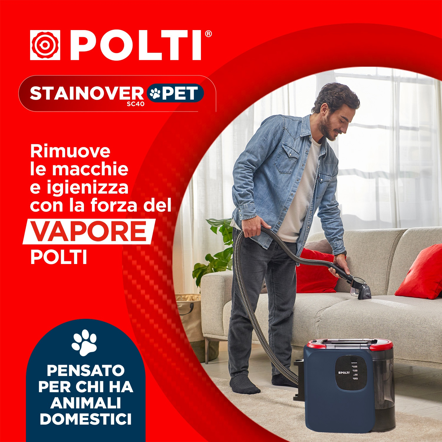Uomo pulisce divano con pulitore a vapore Polti. Pubblicità rossa e bianca.