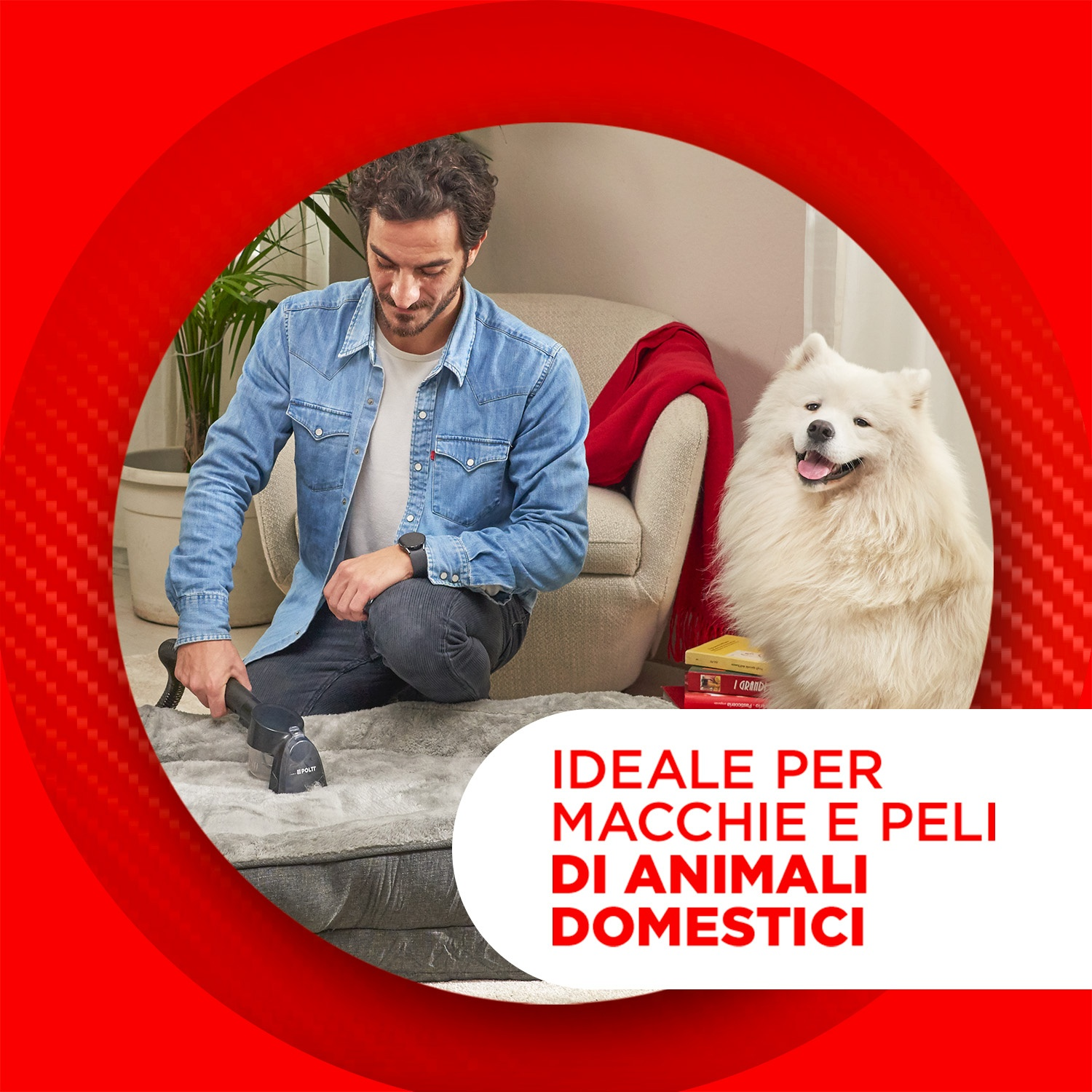 Uomo pulisce cuccia cane con apparecchio, accanto a cane bianco.