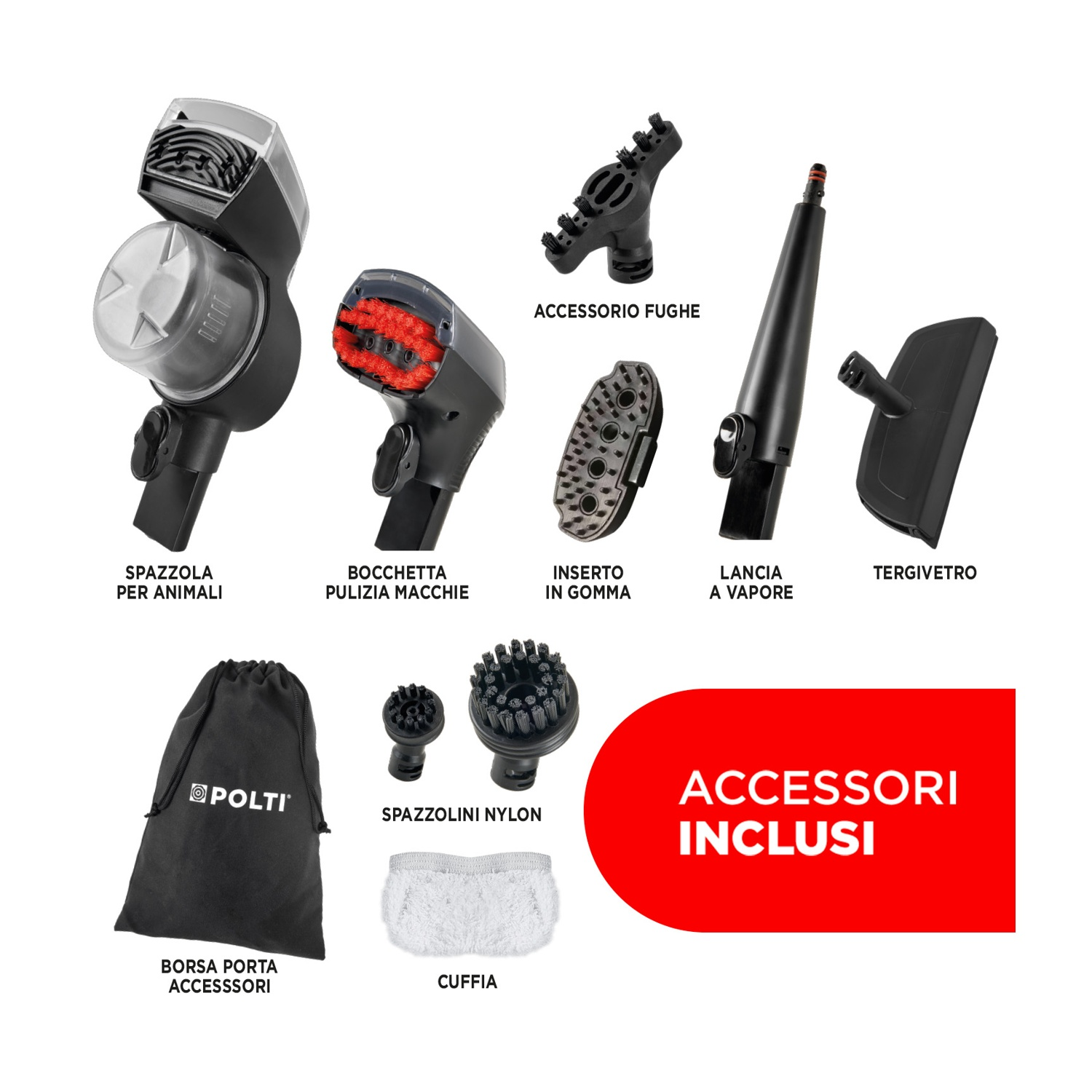 Accessori per pulitore a vapore: spazzole, bocchette, lancia, tergivetro e borsa.