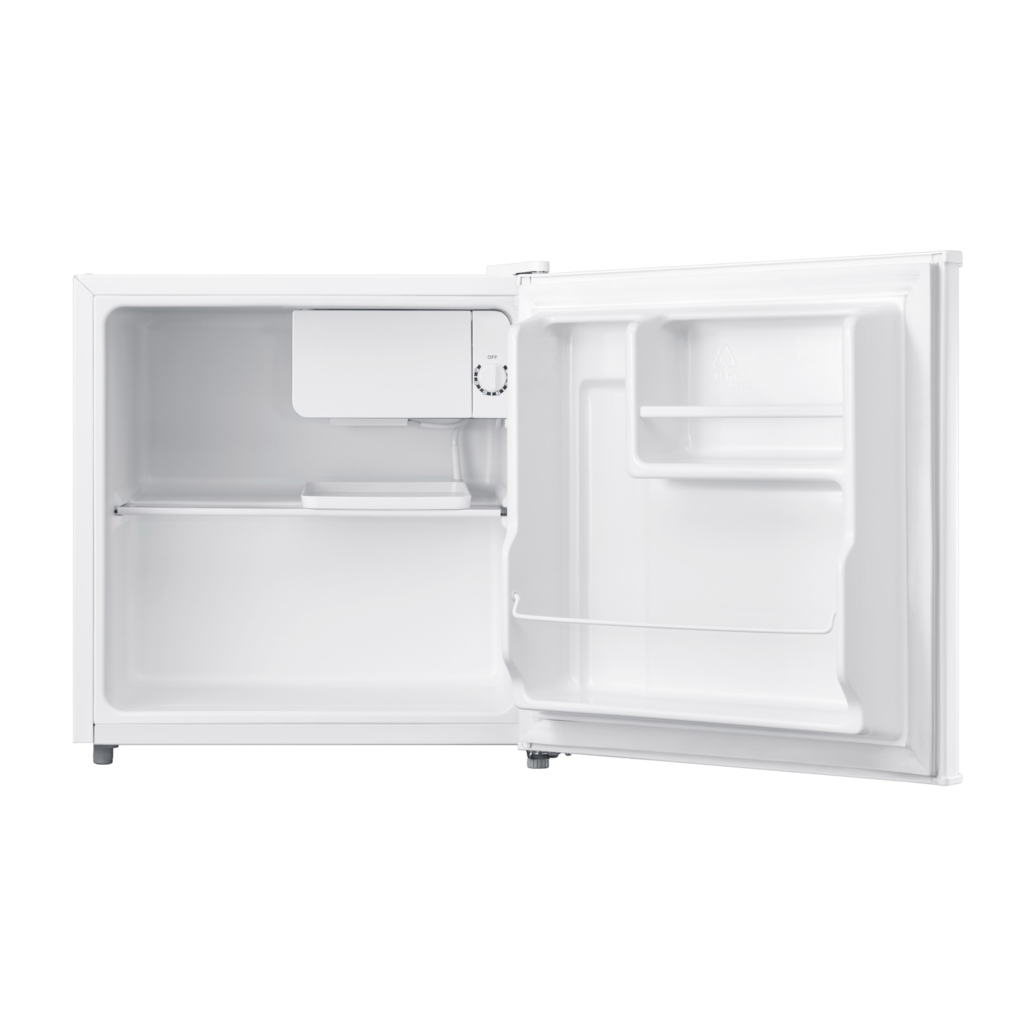 Un mini frigo bianco e vuoto con la porta aperta. Si vedono scaffali all'interno.