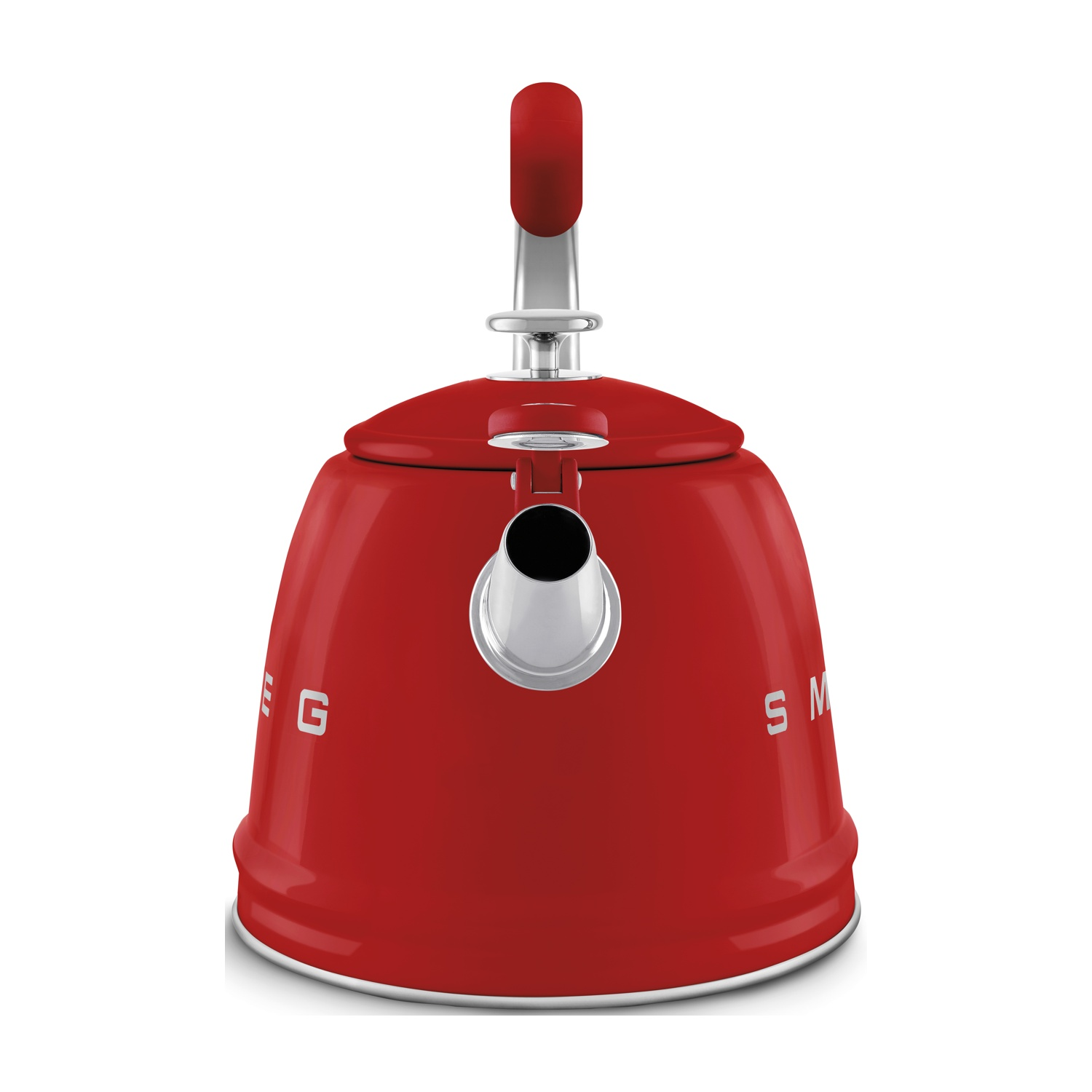 Un bollitore rosso con manico e beccuccio argentati. Logo Smeg sul lato.