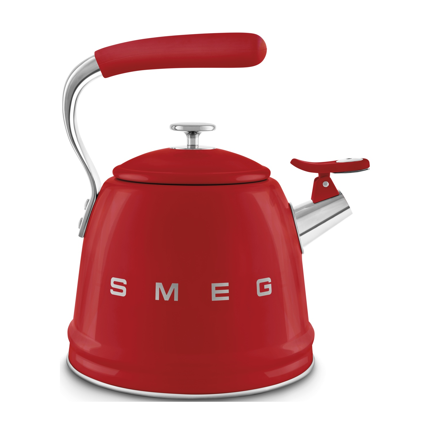Un bollitore Smeg rosso con accenti cromati e manico rosso.