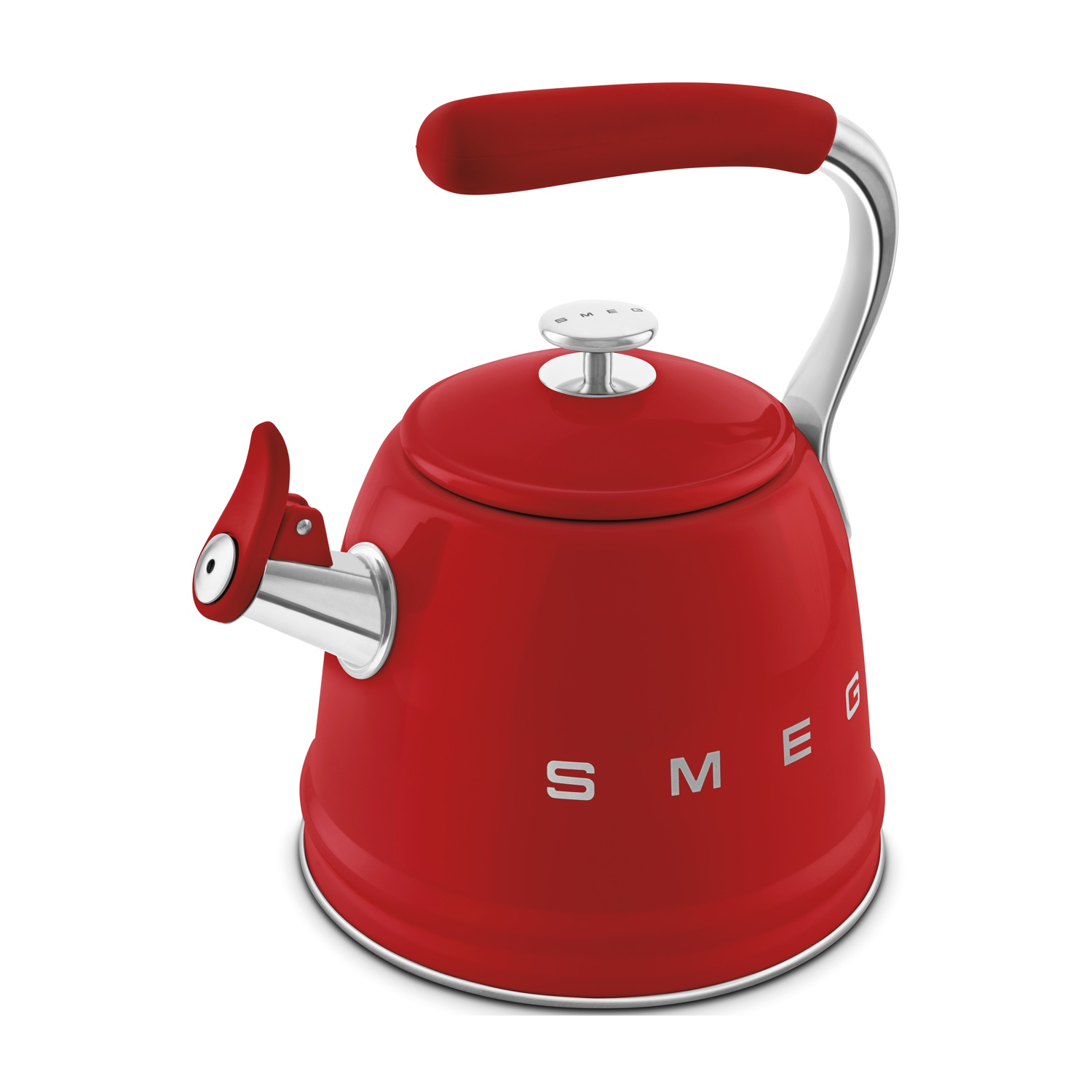 Un bollitore SMEG rosso con manico e beccuccio argentati su sfondo bianco.