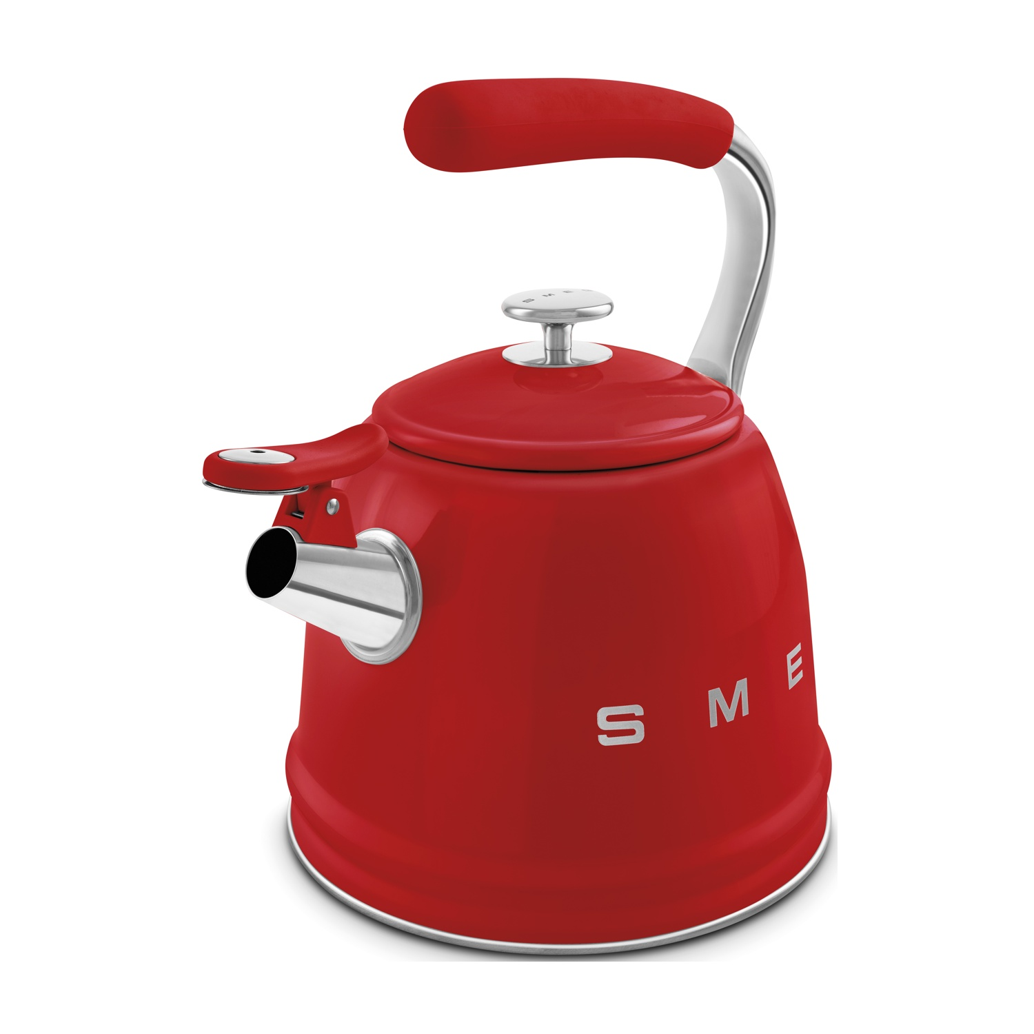 Un bollitore rosso con accenti argentati e manico rosso.