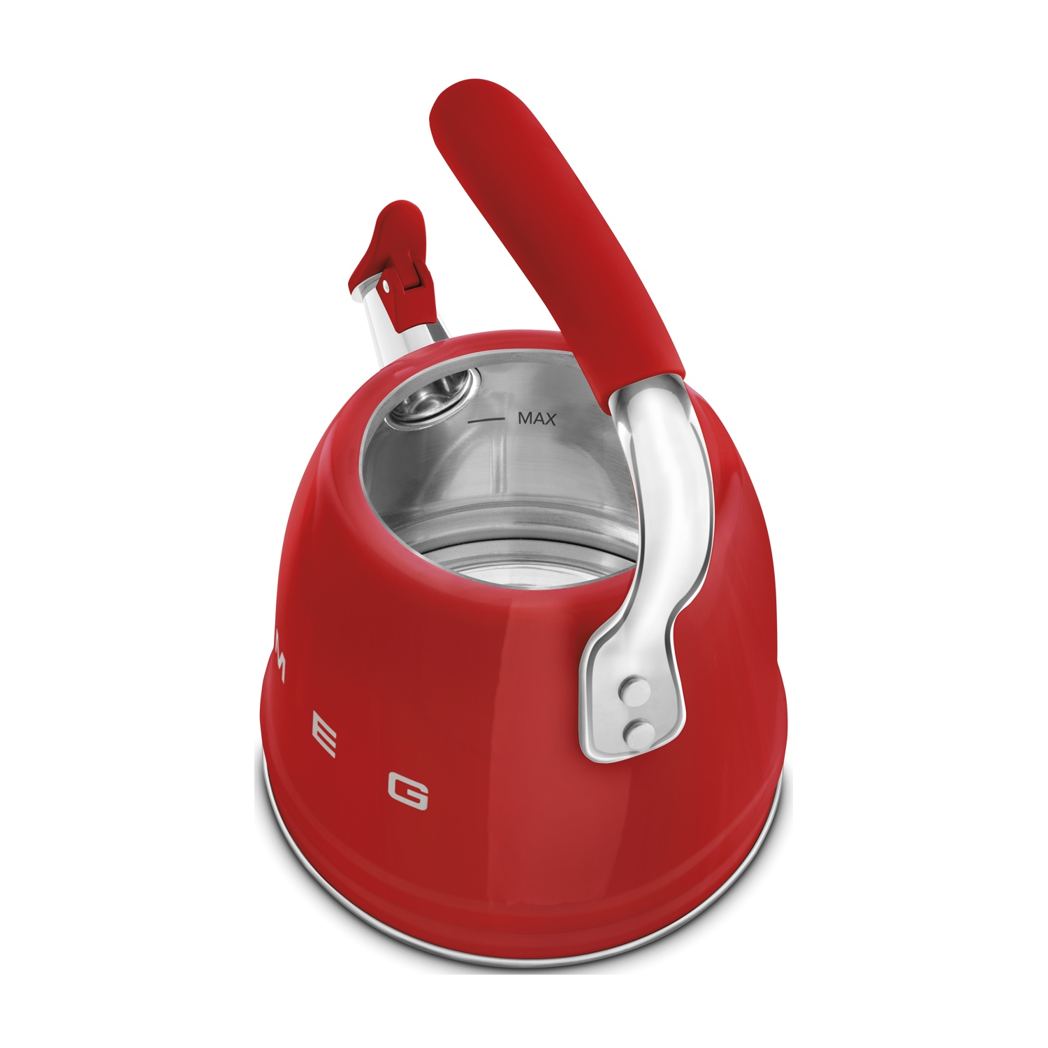 Un bollitore Smeg rosso con accenti argentati e manico rosso.