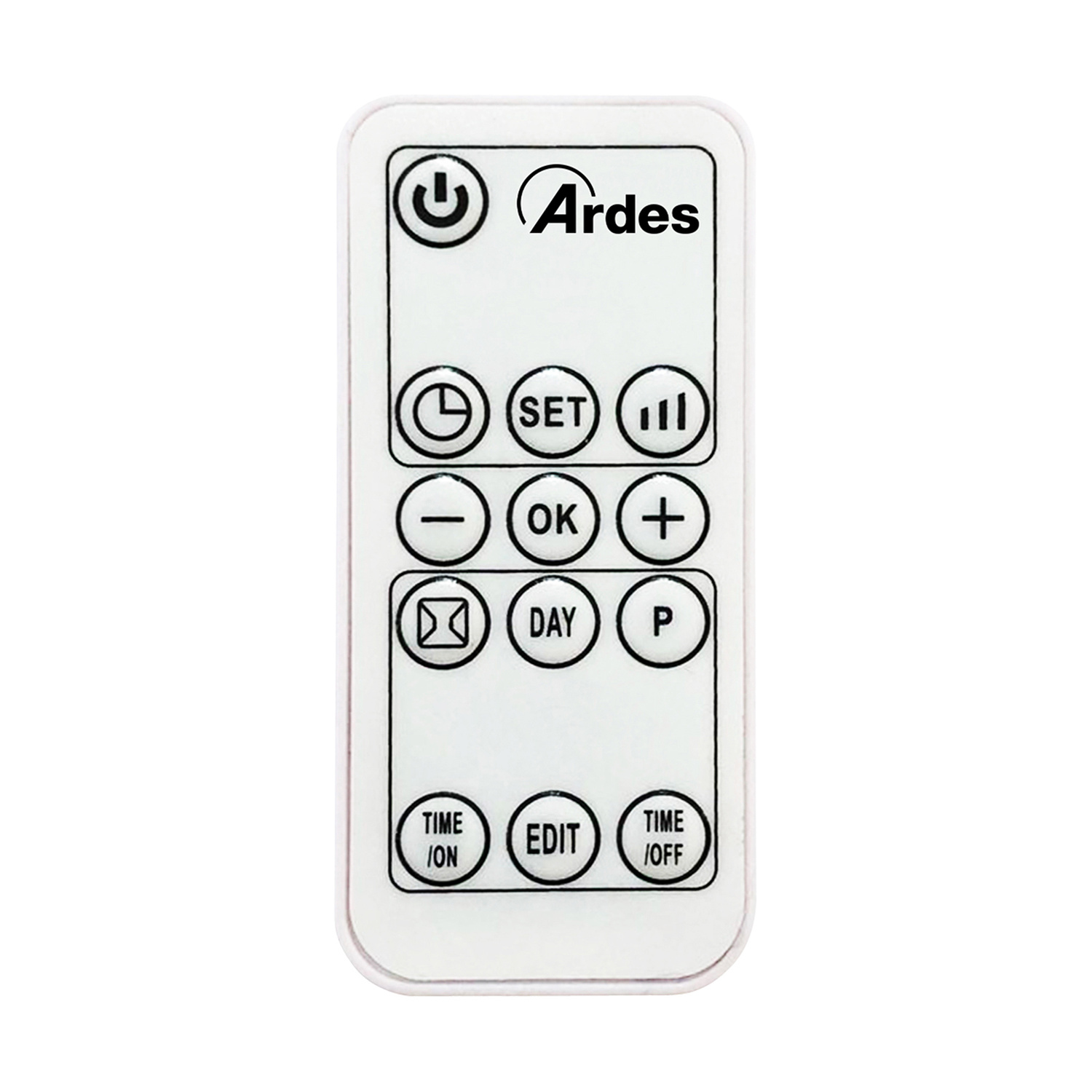Telecomando bianco Ardes con pulsanti accensione, orologio, impostazioni, OK, più, meno, giorno, P, ora/on, modifica, ora/off.