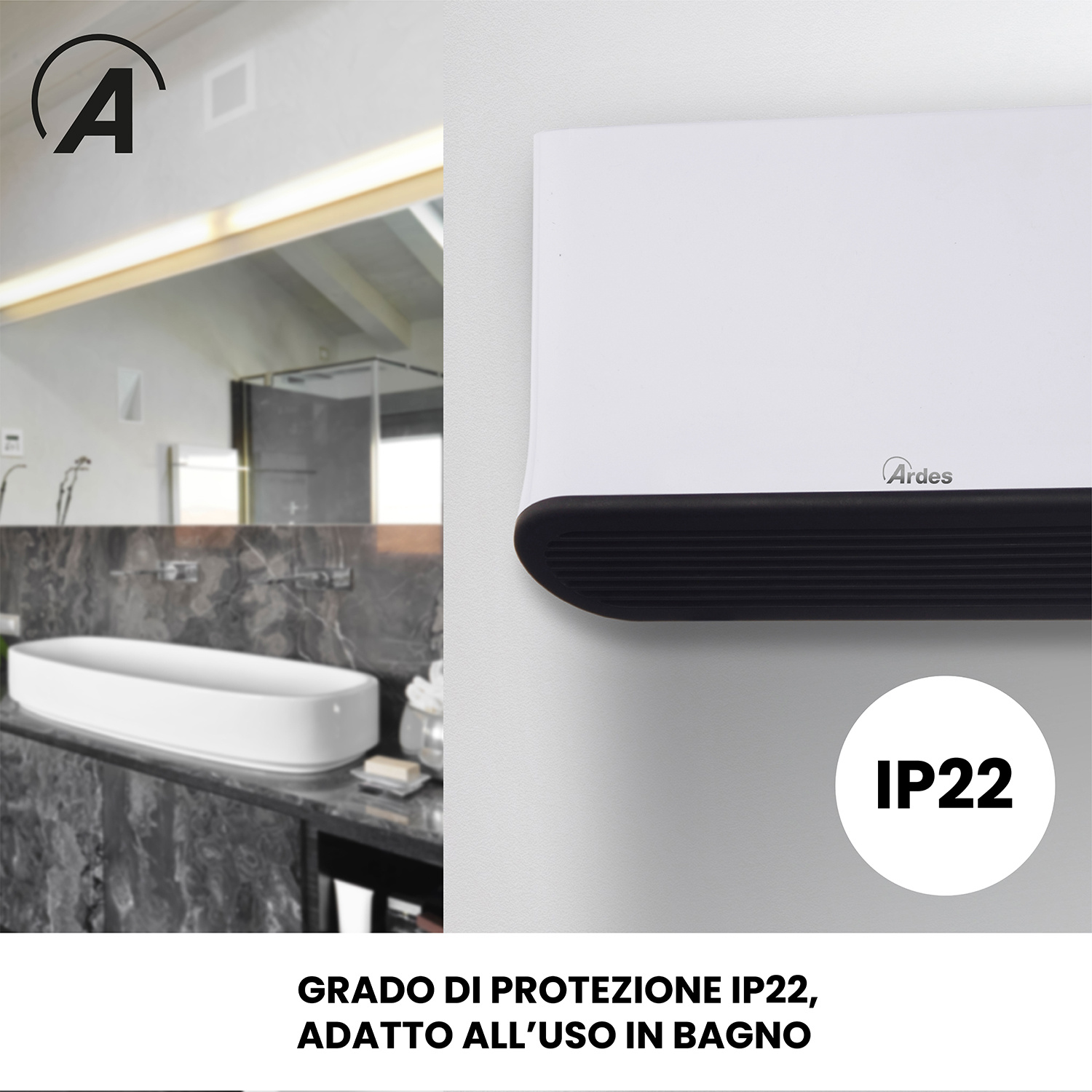 Un calorifero bianco con striscia nera e marcatura IP22.