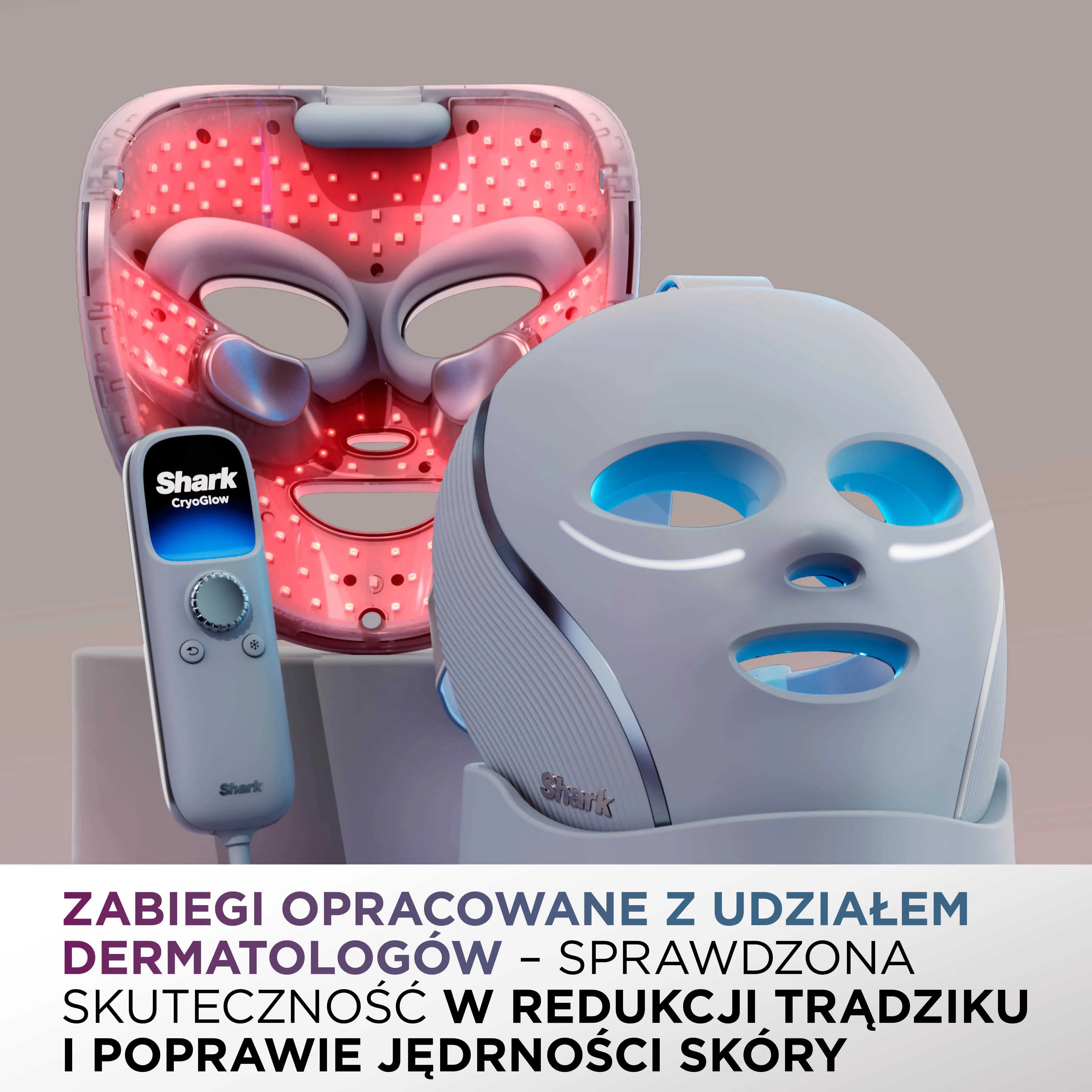 Dwie maski na twarz, jedna z czerwonymi, druga z niebieskimi diodami LED i urządzenie.