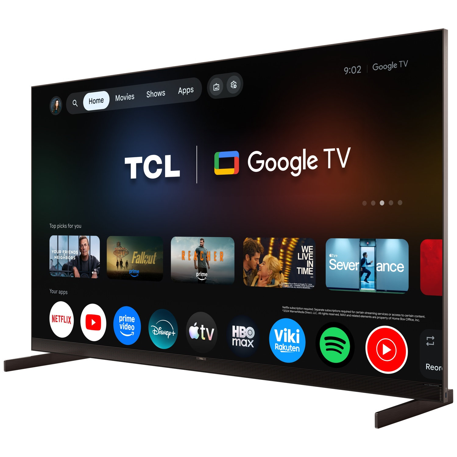 A modern TCL Google TV displaying various streaming app icons on its home screen.