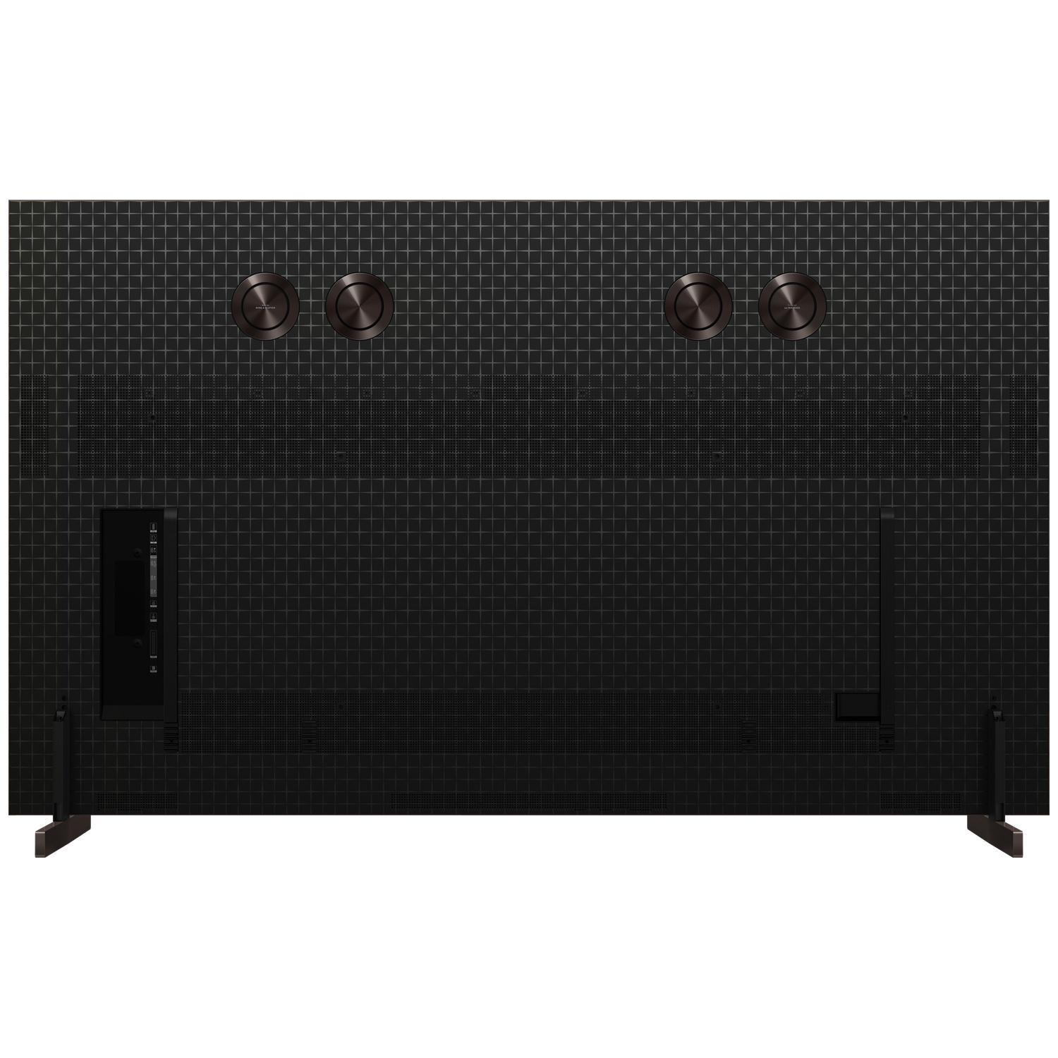 Back of a black television with a grid pattern and four circular control knobs.