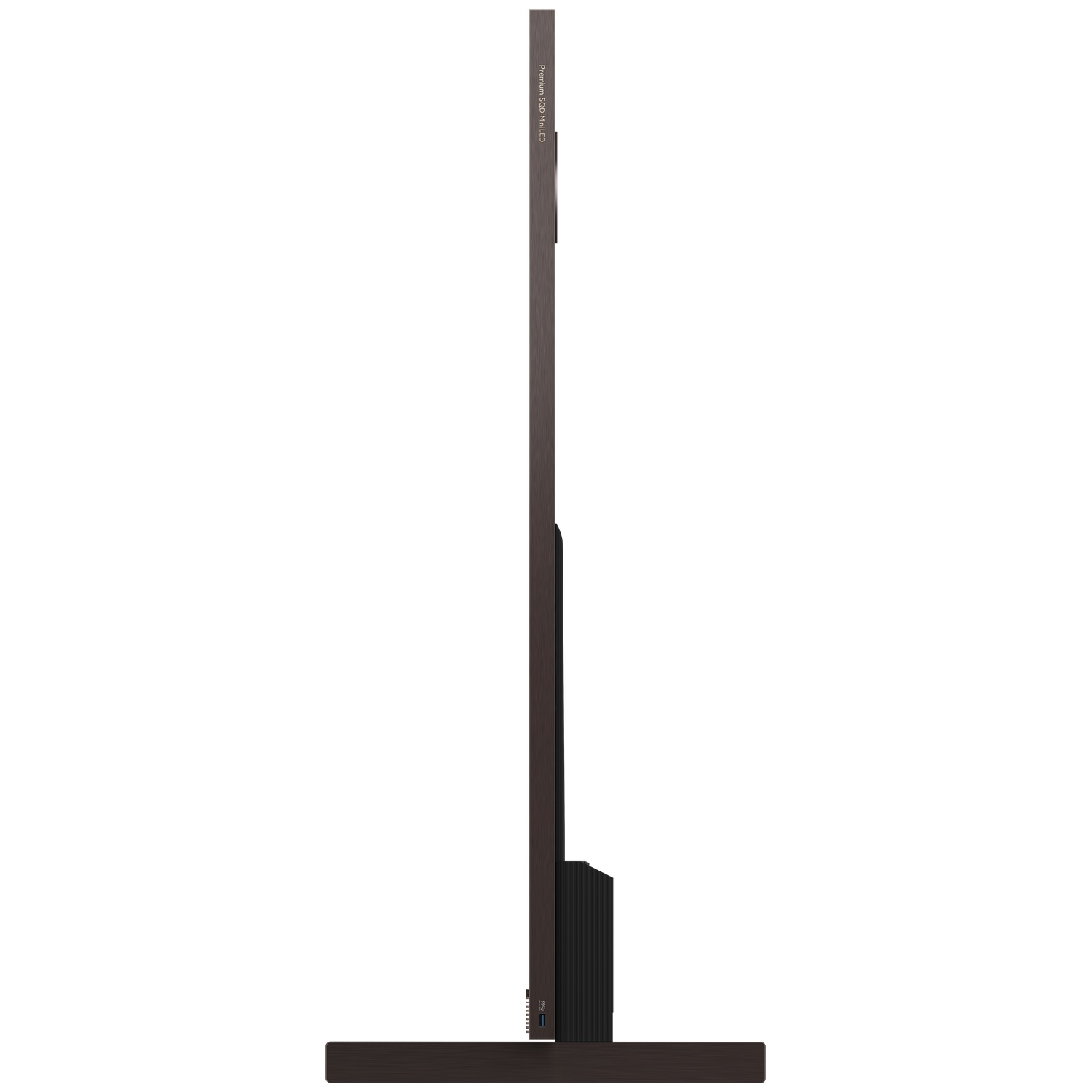 Thin, dark television with stand, viewed from the side.