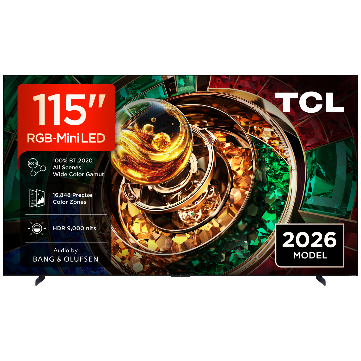 TCL 115" RGB-Mini LED TV: 100% BT.2020, 16,848 color zones, HDR 9000 nits, B&O audio.