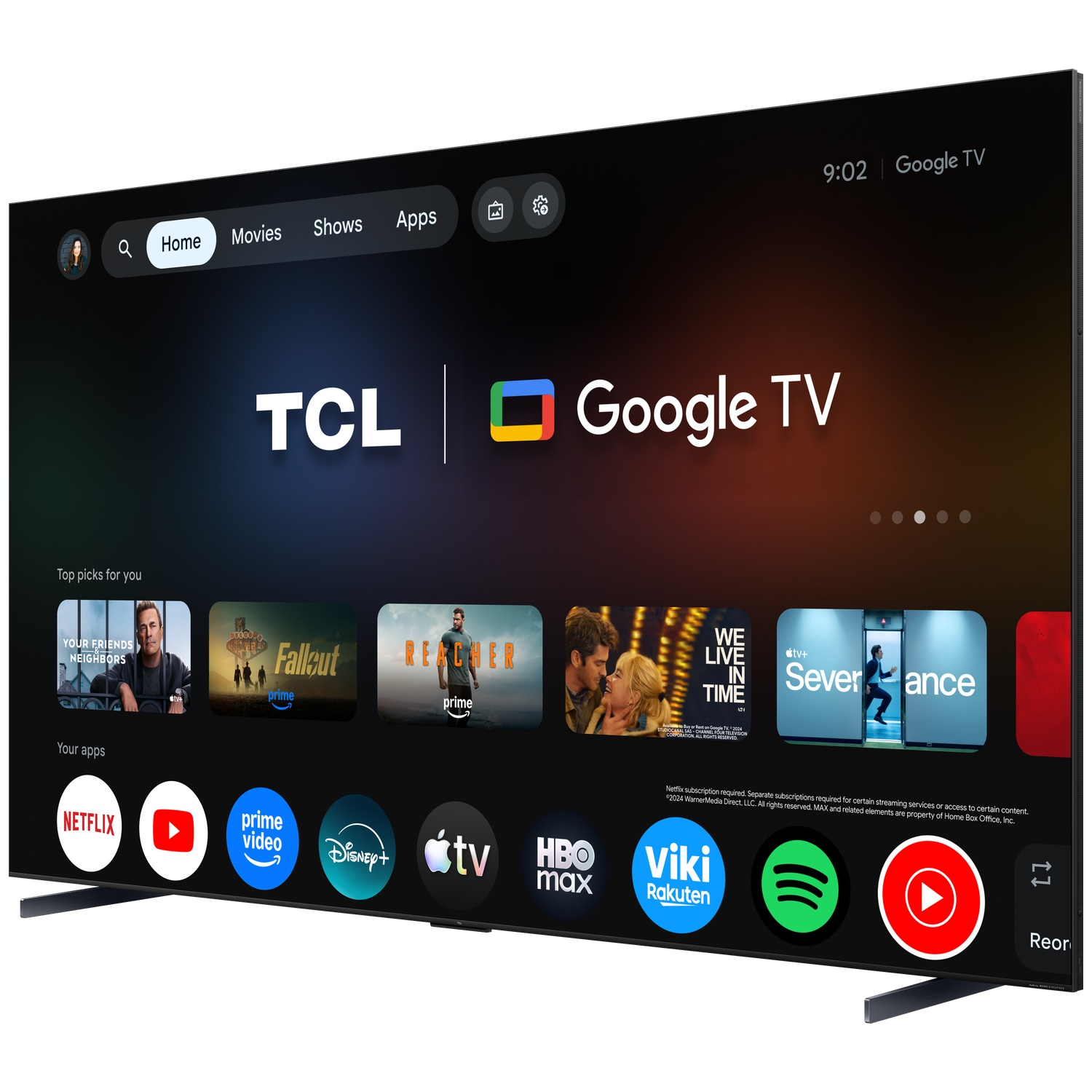 TCL Google TV displaying Home screen with app icons and content recommendations.