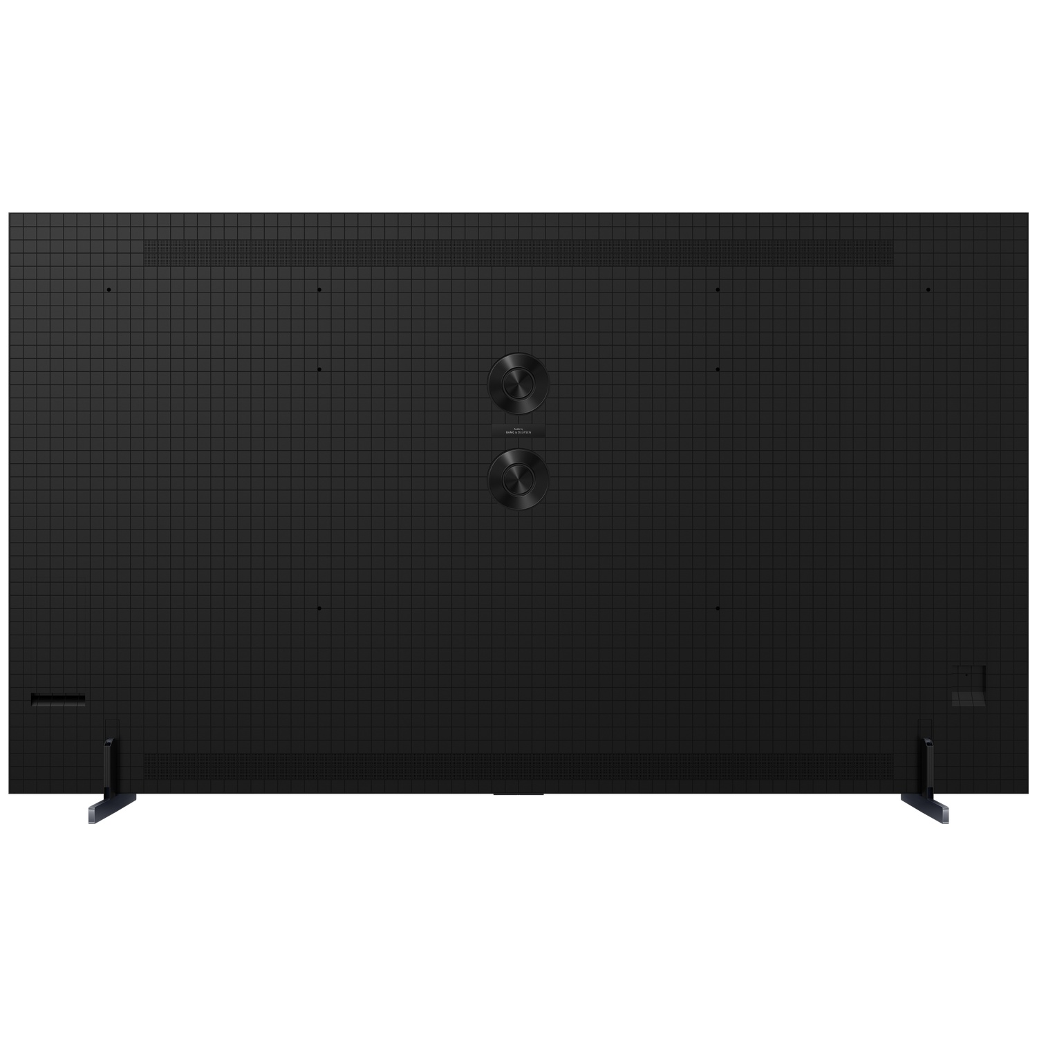 Rear view of a black TV with a textured grid surface and two circular controls.