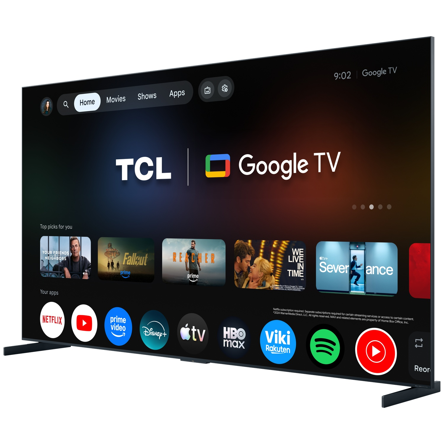 A modern TCL Google TV displaying 'Top Picks' and 'Your Apps' interface.