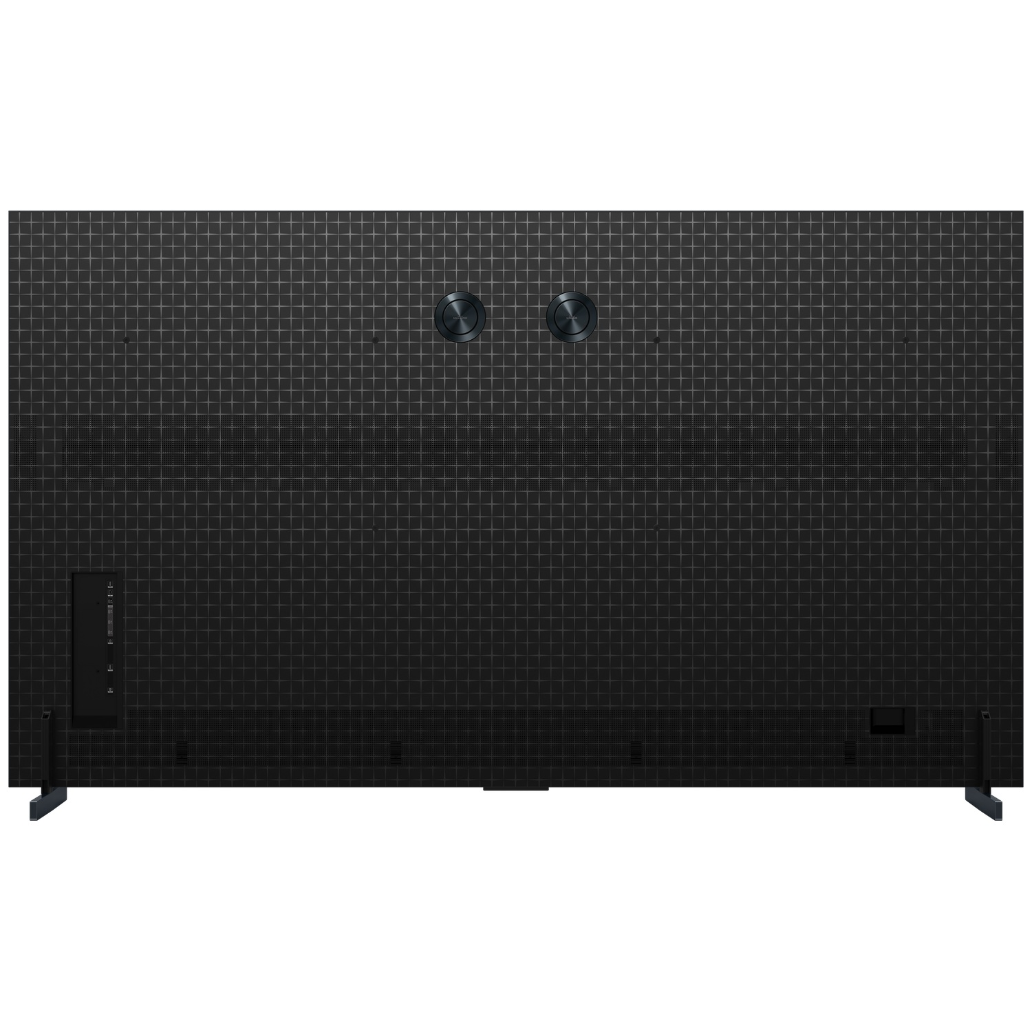 Back of a black TV with a grid pattern, two round knobs, and ports.