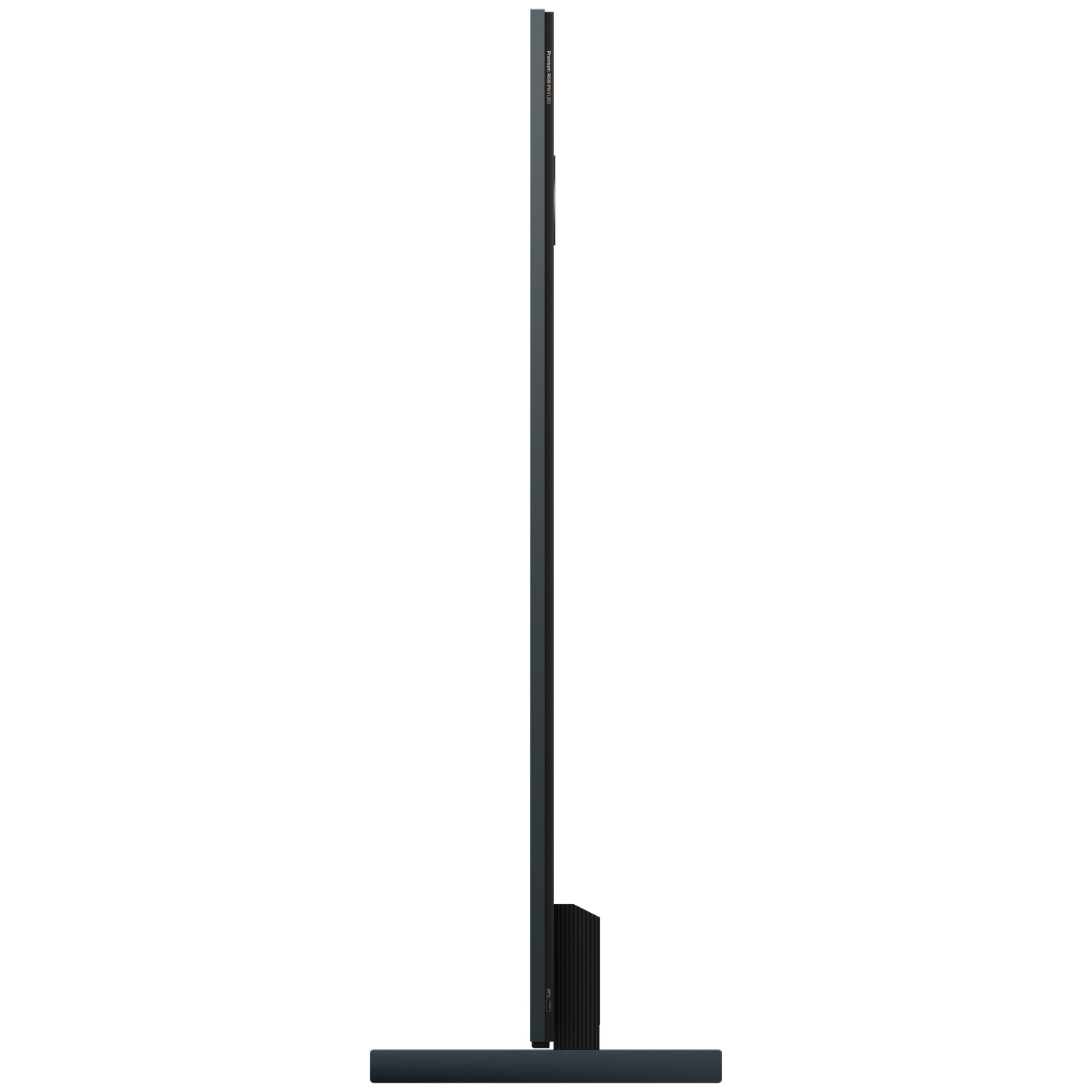 Side view of a slim, dark television with a narrow bezel and an integrated stand.
