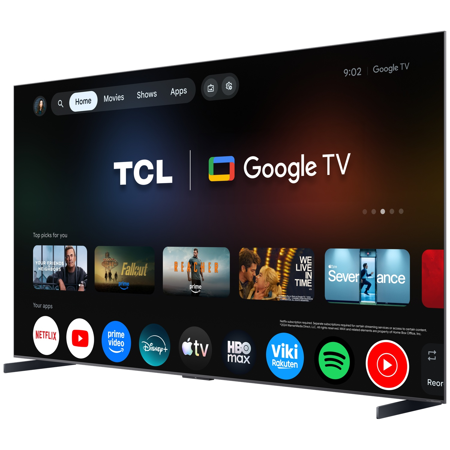 A TCL Google TV displays a home screen with apps like Netflix, YouTube, and Prime Video.