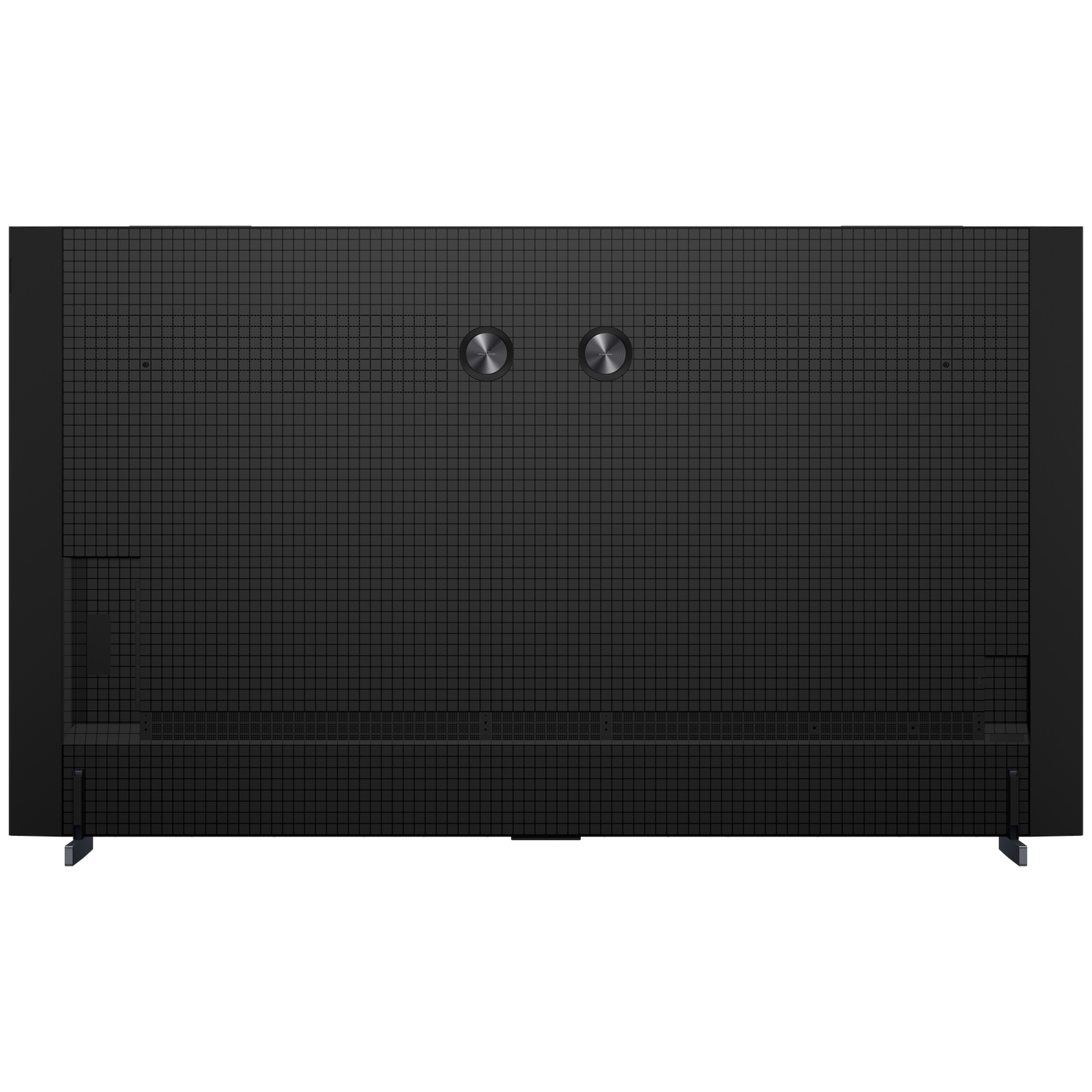 Back of a black TV with a checkered texture and two round silver knobs.