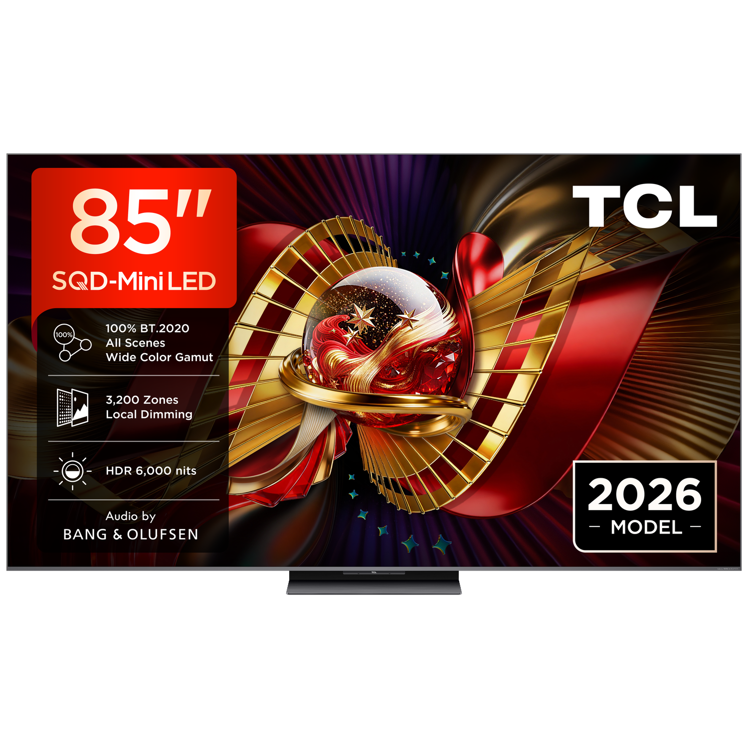 An 85-inch TCL TV with Mini-LED, HDR 6000 nits, and Bang & Olufsen audio.