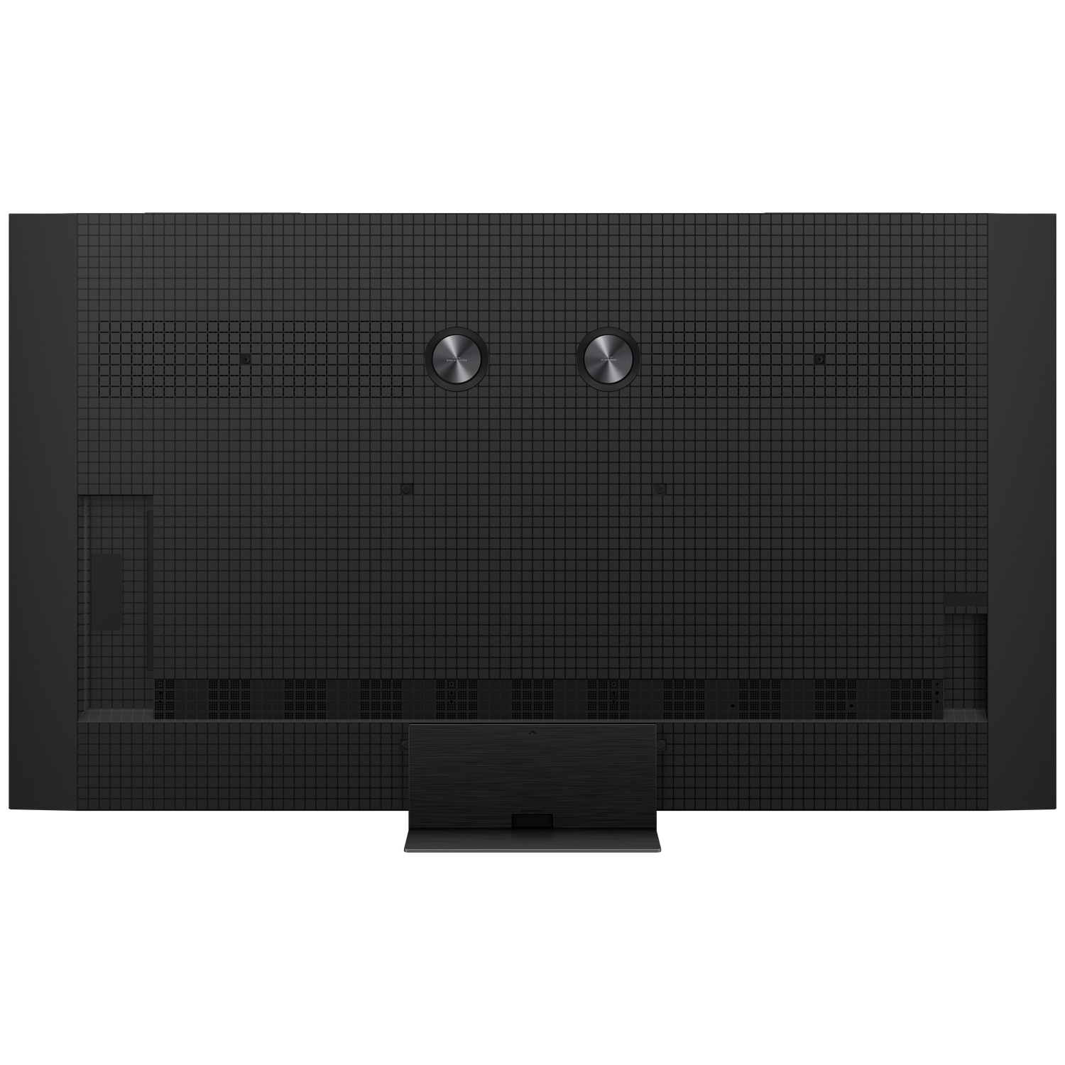 Back view of a black television with textured surface and two round buttons.
