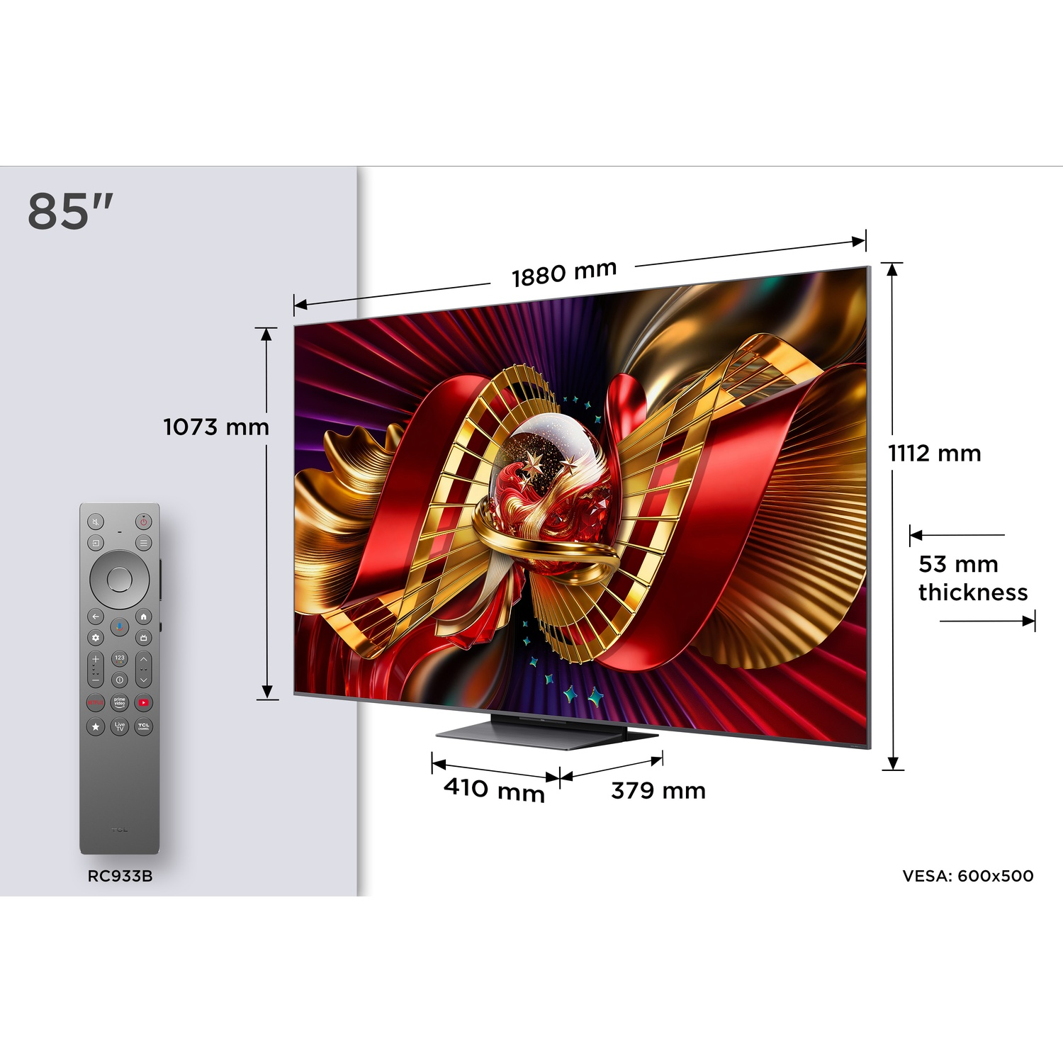 An 85-inch TV with remote and dimensions.