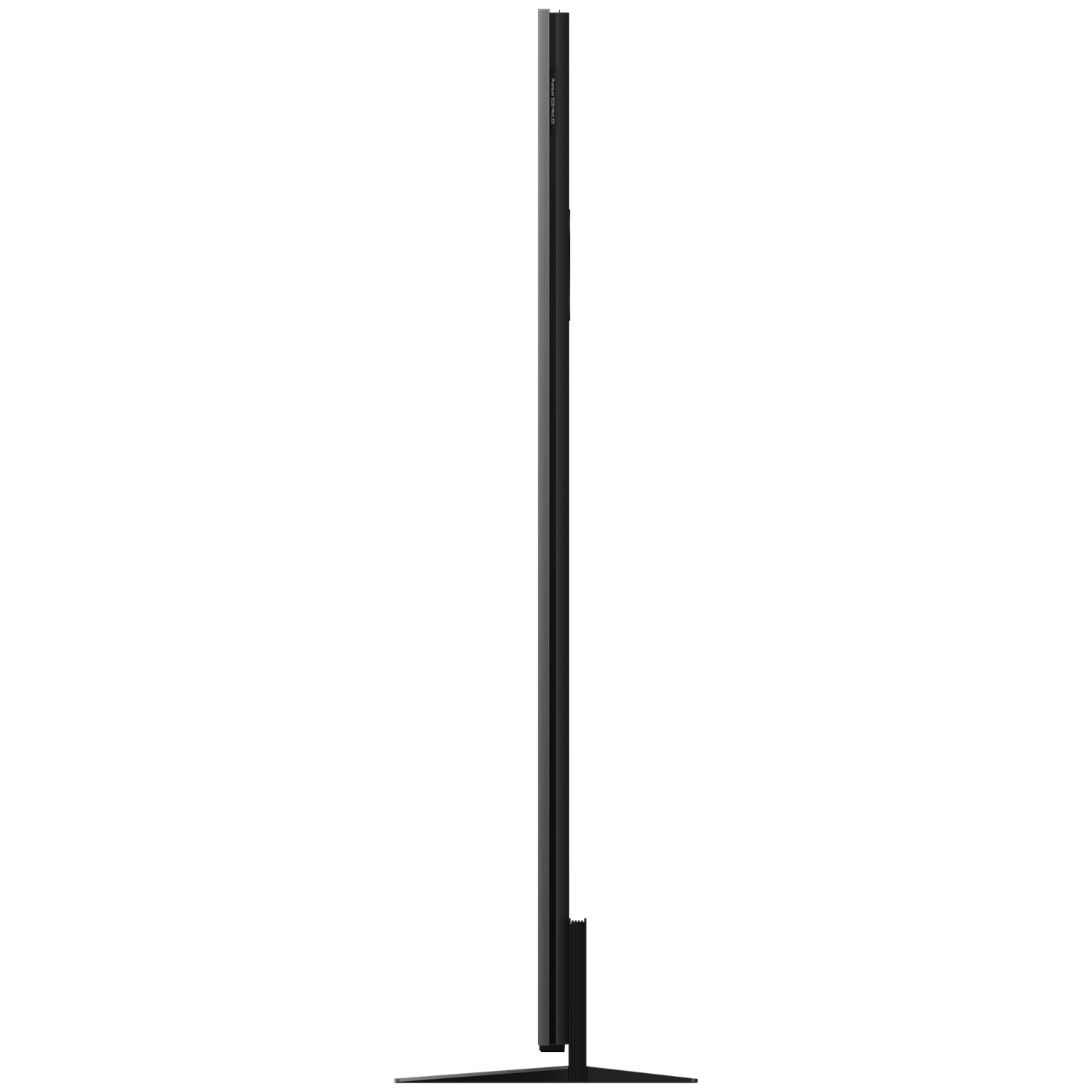 A slim black television with a narrow bezel stands on a thin base.